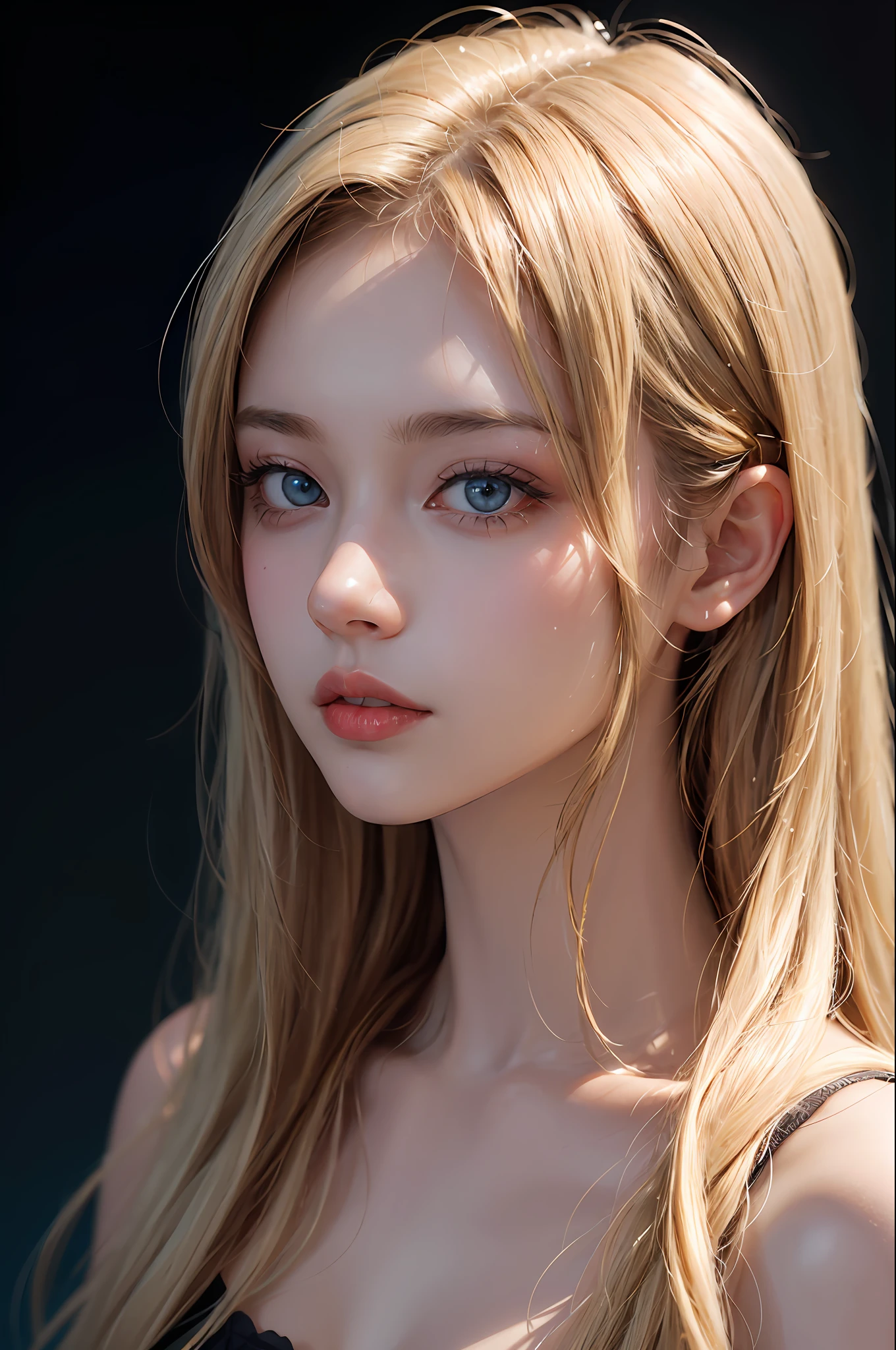 a 20-year-old woman, long blonde hair, blue eyes, dark theme, soft tones, soft colors, high contrast, (natural skin texture, hyperrealism, soft, sharp light), blue background, simple background,