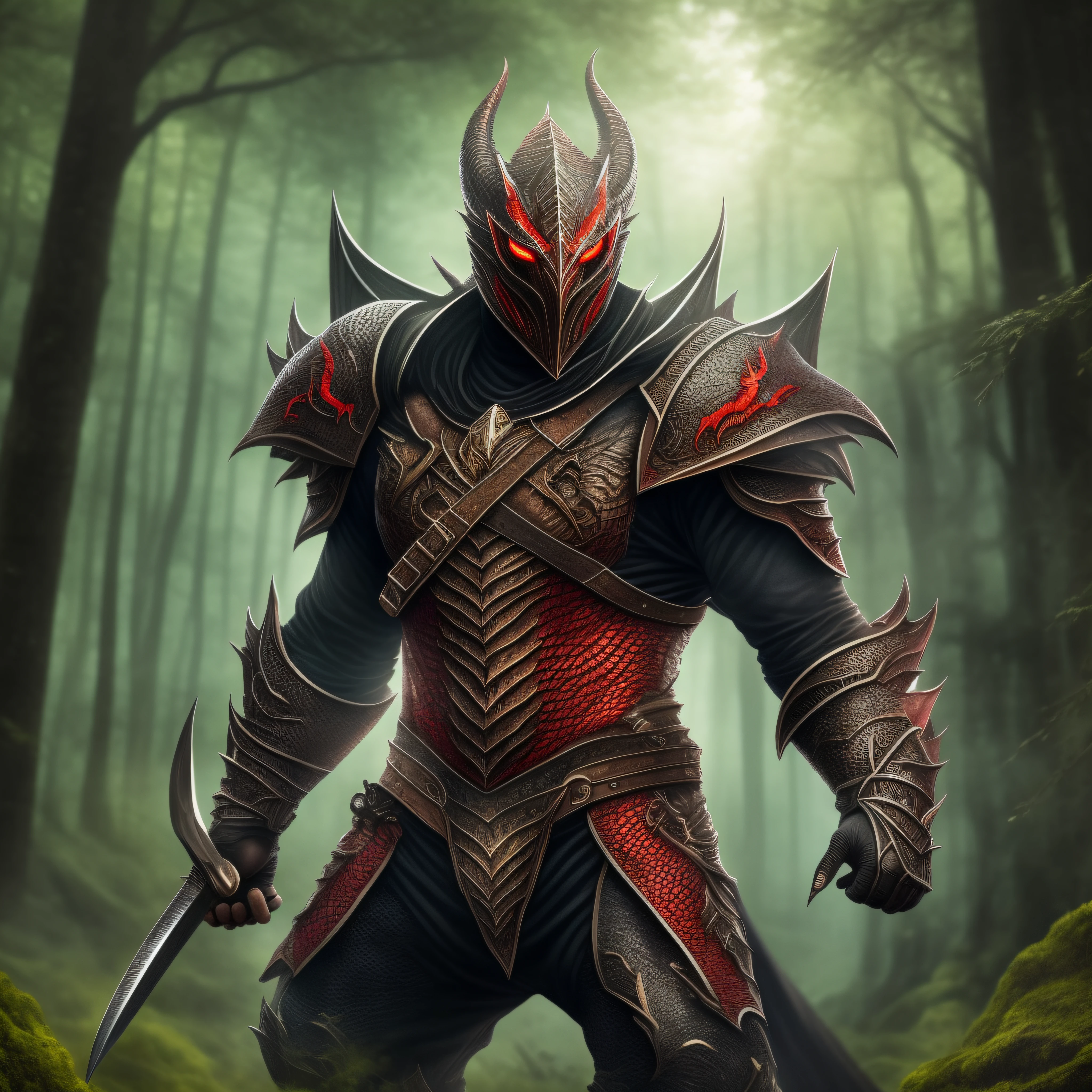 masterpiece, ultra quality, best quality, super quality, realistic, ultra realistic, ninja jumping,muscular and structured body, black and red dragon armor, swords on the back,landscape: a forest, all in super and ultra realistic quality