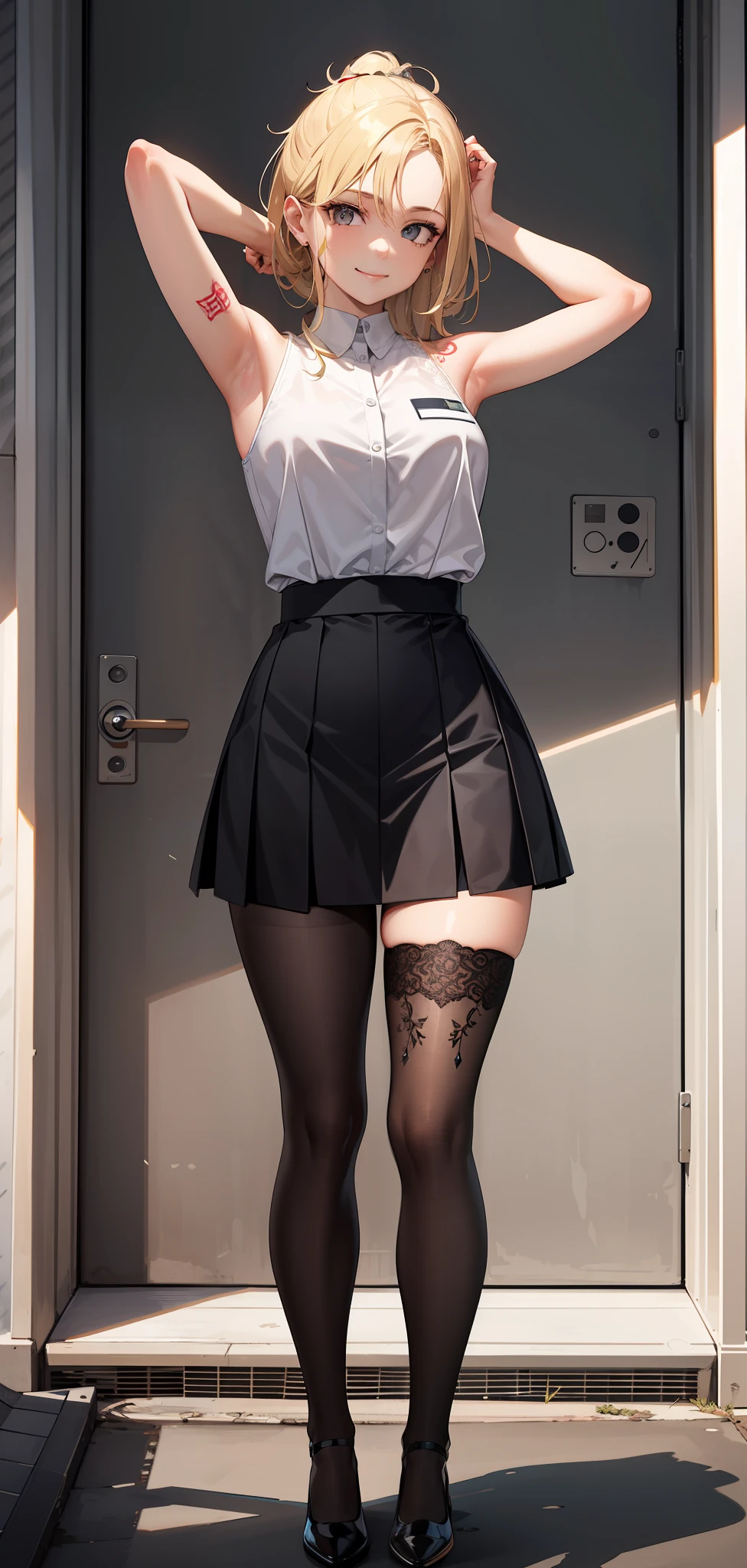 (Masterpiece, best quality, high resolution: 1.4), detailed, intricate details, 4K, color splashes, line drawing, art, fibonacci, 1 girl, very hair, blonde hair, tight clothing, transparent white tights, short skirt, black skirt, lace, petty smile, hand above head and behind back, armpit, sleeveless, short shirt, medium chest, tattoo on all body, tattoo on pubis, standing on the roof of a skyscraper