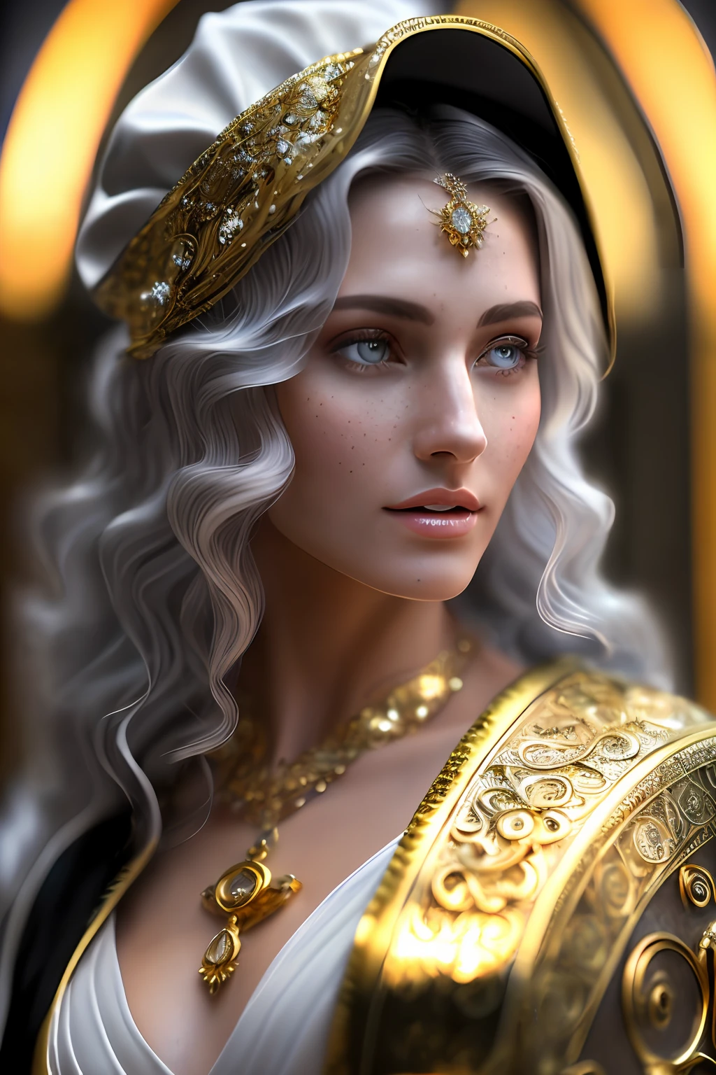 (Hermela, Goddess of Day, Incarnation of Daylight, ((Maiden)), ((Super Huge Tits))), (Wife), Integrity, Justice, (Extreme Majesty), Golden Eyes, Golden Lips, Gold Dust, Passion Like Fire, (Creates a Glorious Atmosphere), Fair Skin, Blonde Hair, Mom, (Golden Cloak), Short Hair, Beautiful Legs, Ancient Greek God's Costume, God of Day, (Lots of exquisite gold jewelry), Perfect flesh, Full of texture, Scorching rendering, Jaw-dropping, Captivating visual enjoyment, ((best quality), ((masterpiece)), maximum clarity, multi-layered texture, super detailed, illustration, (super detailed face), (perfect face), clear texture, fine texture, ultra HD detail display, excellent image performance, high-quality illustration, perfectly fit harmonious tones, deep lines, precise brush strokes, with a strong sense of three-dimensional and delicate wear, wonderful color matching, intricate details