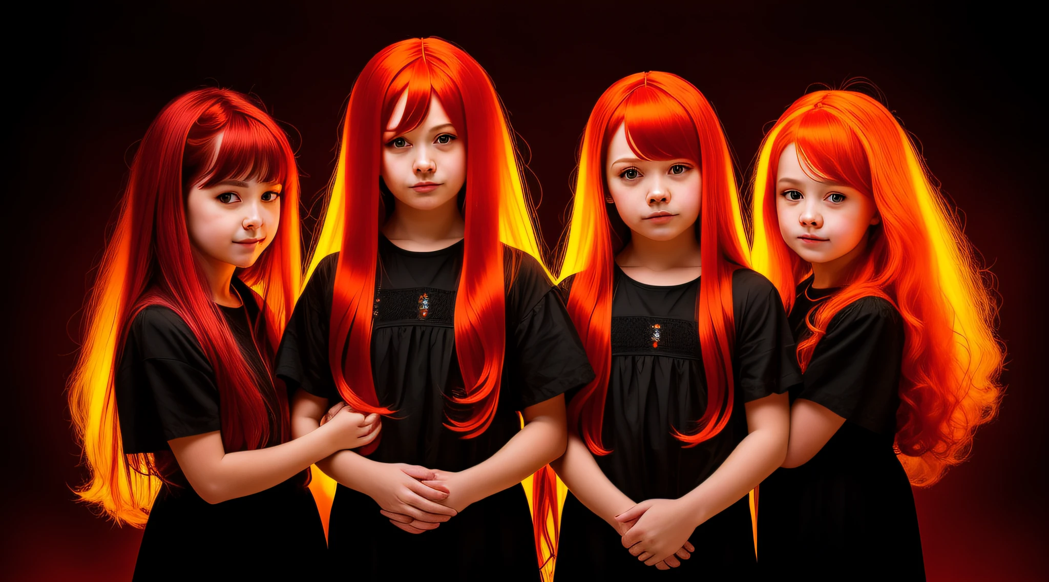 three girls with long red hair and red wigs posing for a picture, red glowing hair, orange glowing hair, long glowing red hair, infrared hair, red hair girl, orange skin and long fiery hair, hair like fire, red hair and attractive features, long fire hair, long orange hair, perfect android girl family, by Bernardino Mei, fiery red hair