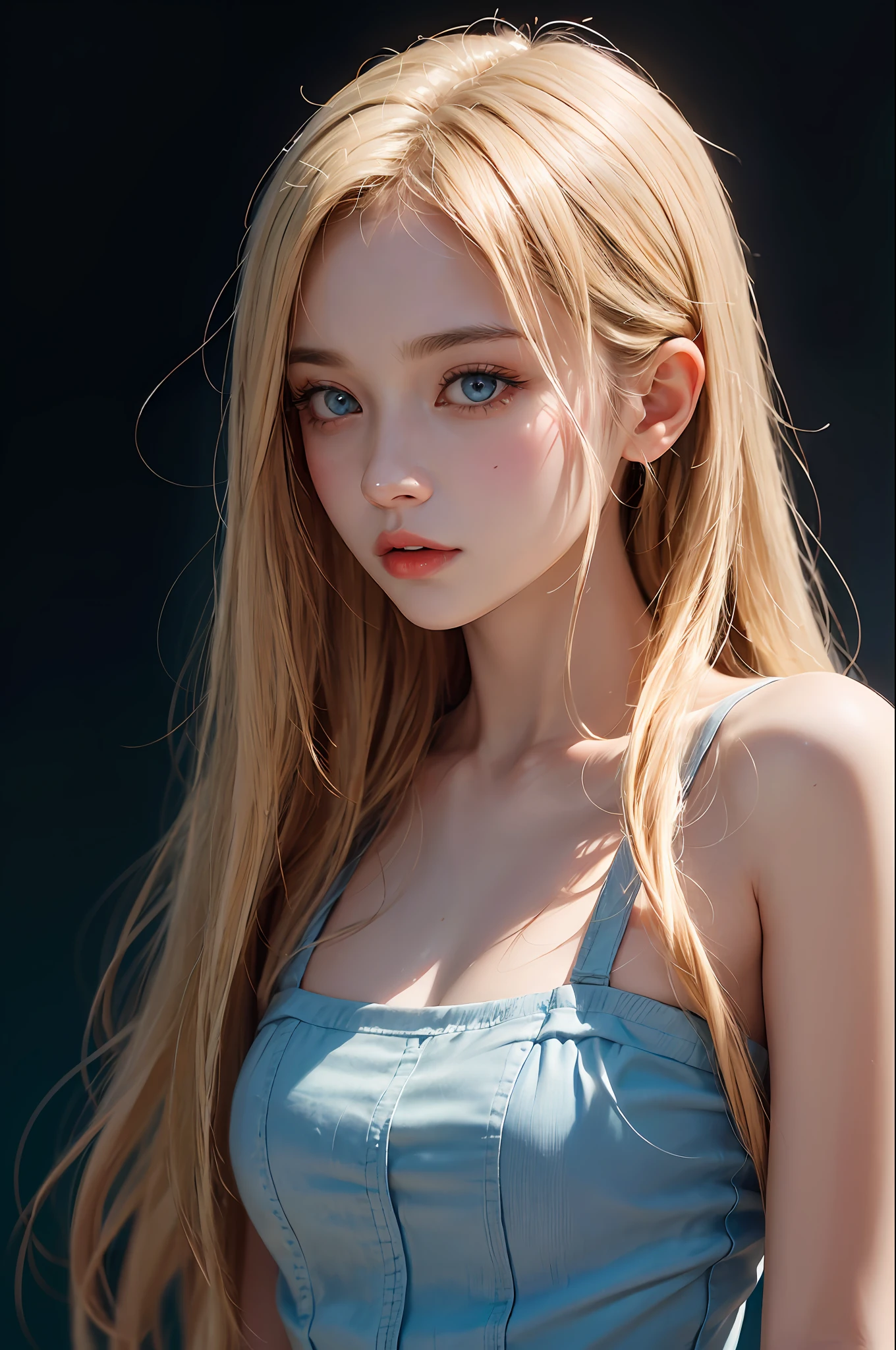 a 20-year-old woman, long blonde hair, blue eyes, dark theme, soft tones, soft colors, high contrast, (natural skin texture, hyperrealism, soft, sharp light), blue background, simple background,