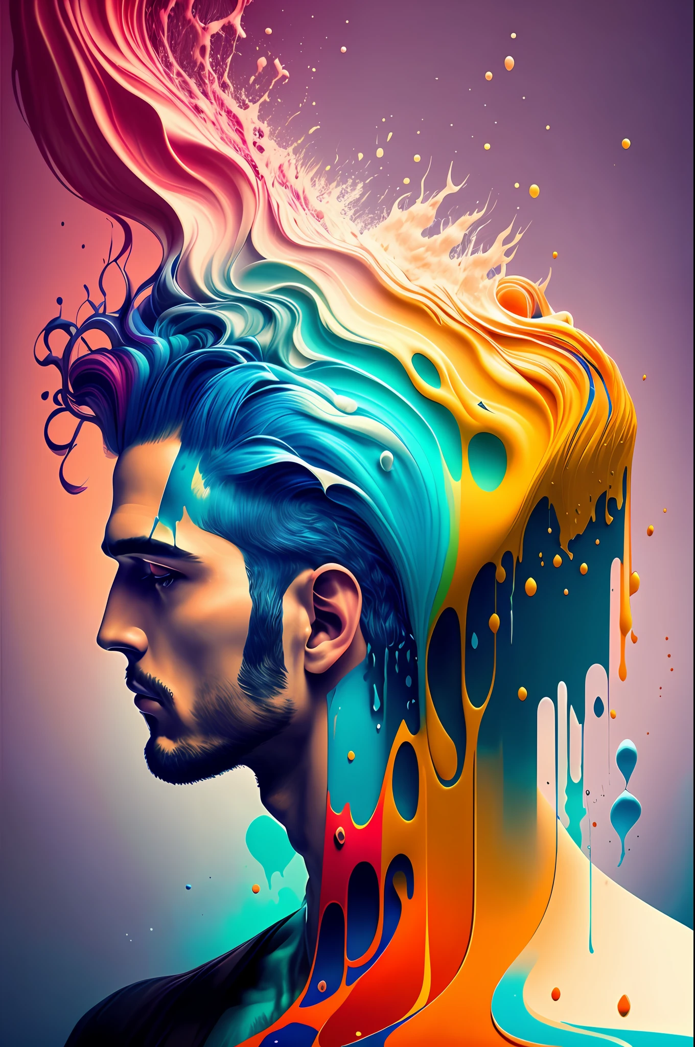 Colorful abstract art of paint forming a hair strand on a man's head, Romantic lighting, wave, sub-surface Scatterring, shine, hair transplant, underwater paint art awarded by Alberto Seveso