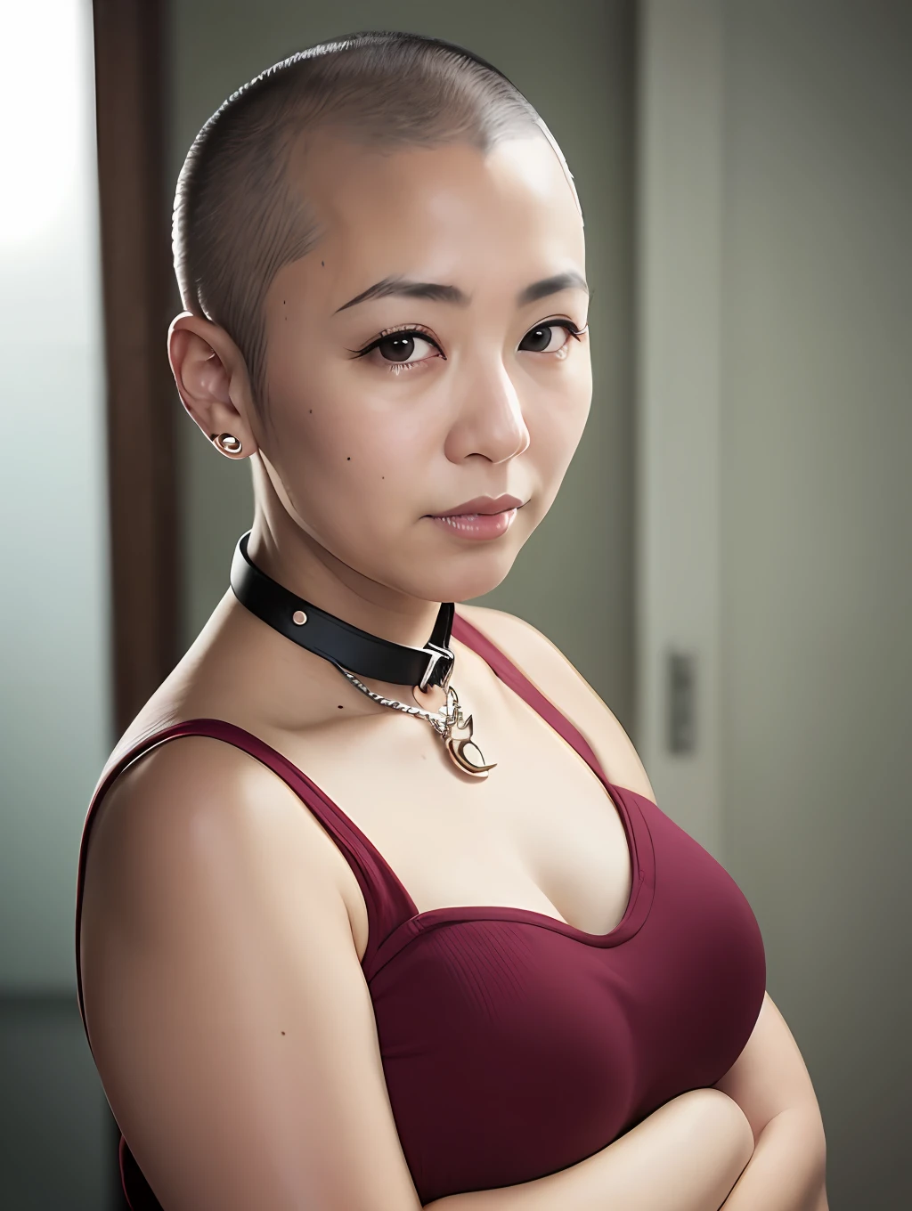 ((Hairstyle is shaved head, skinhead)), (Japan female), age 65 years old, 8K, phototrealistic, photorealism, portrait, 85mm lens, depth of field, professional lighting, delicate skin, eyes brown, eyes drooping, eyes are separated, lips are plump, chubby, (Yuko Oshima), red corset, prison, prison, wearing a collar for large dogs, which is connected by a chain from the earlobe to the nose,