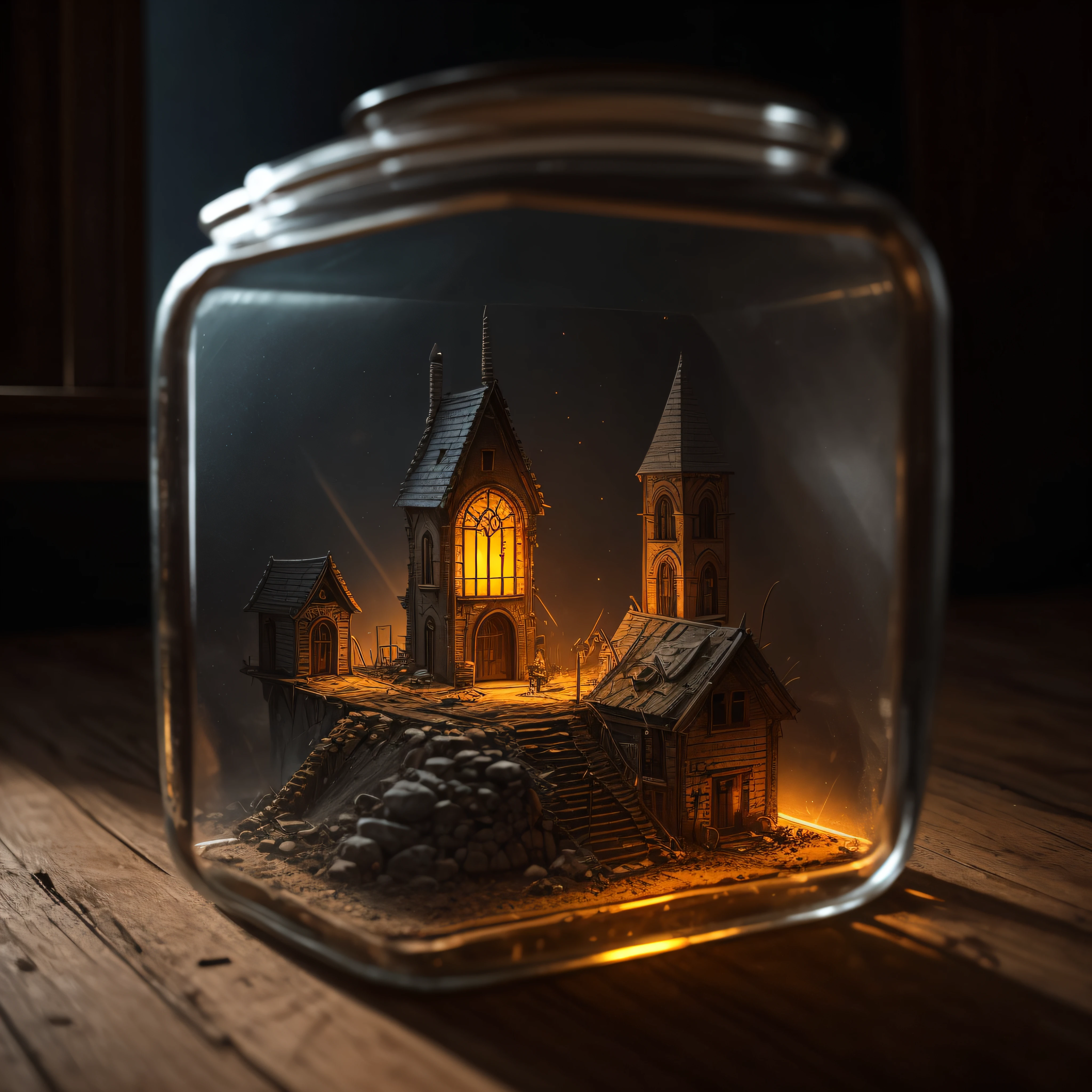 city of the dead tucked inside a square glass jar with lid, placing on the windowsill, extremely detailed, 8K, apocalyptic punk style, miniatures, macro photography in close-up --auto