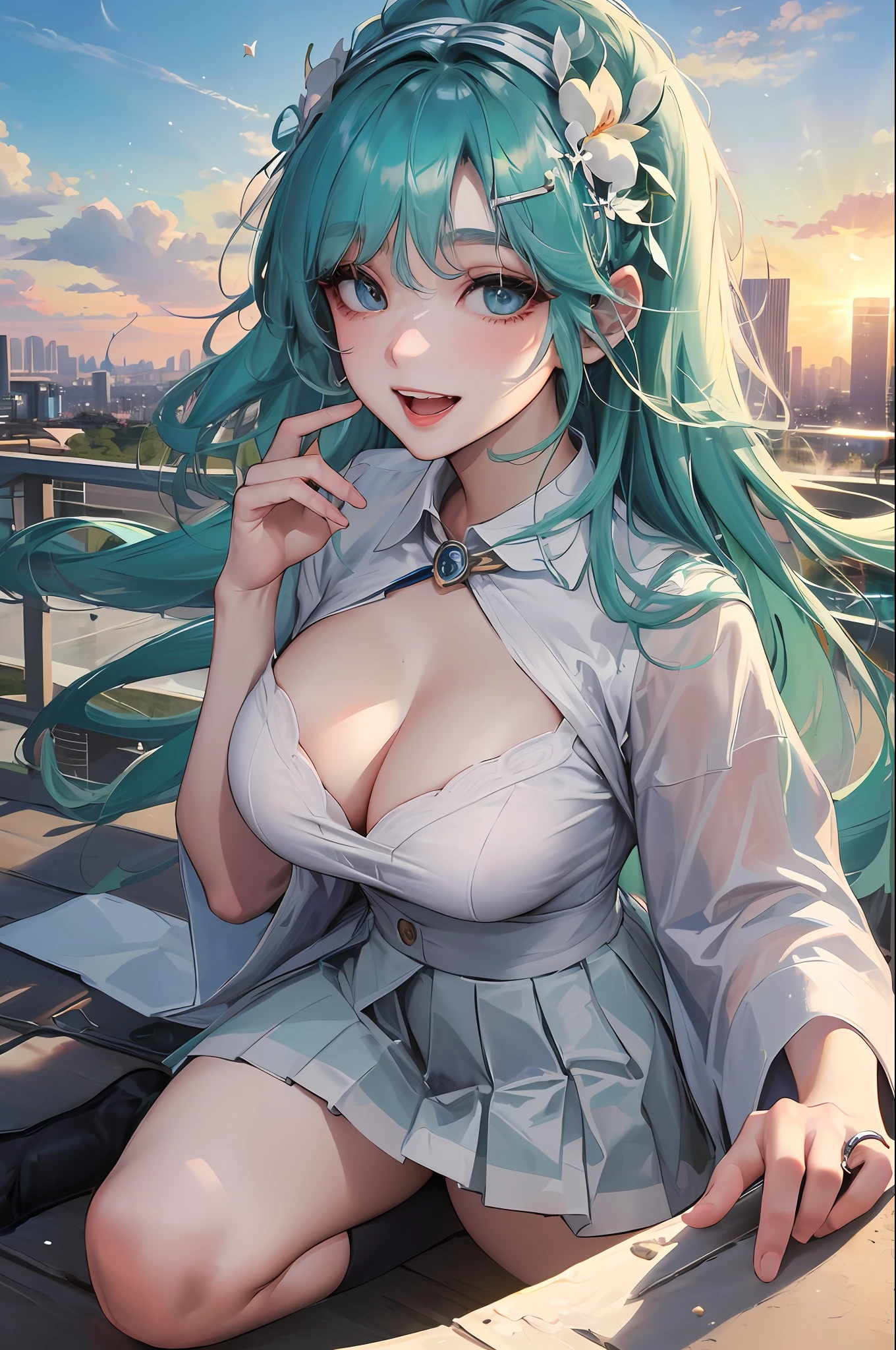 1 Girl,Solo,Official Art, Masterpiece, Sharp Focus, (Beautiful Gorgeous Cute Korean Woman:1.3), (Beautiful Cute Korean Woman:1.3), Korean Beauty, Delicate Beautiful Hair and Eyes and Face, Realistic, Ultra Detailed, Beautiful Girl, Blue Sky, Glow White Particles, (Side Light:1.2), Sunshine, White Clouds, Fine Clouds, Slender, Big, Pretty and Big Ass, Showing teeth and laughing, ((laughing with eyes, open both eyes)), scenery, long straight hair, sexy look, building, (cityscape: 1.7), dynamic hair, long straight hair, detailed platinum mint green hair, glowing blue eyes, (black pleated shirt + white skirt), white long socks, white skin, hair ornament, magnificent landscape, angel wings, angel ring