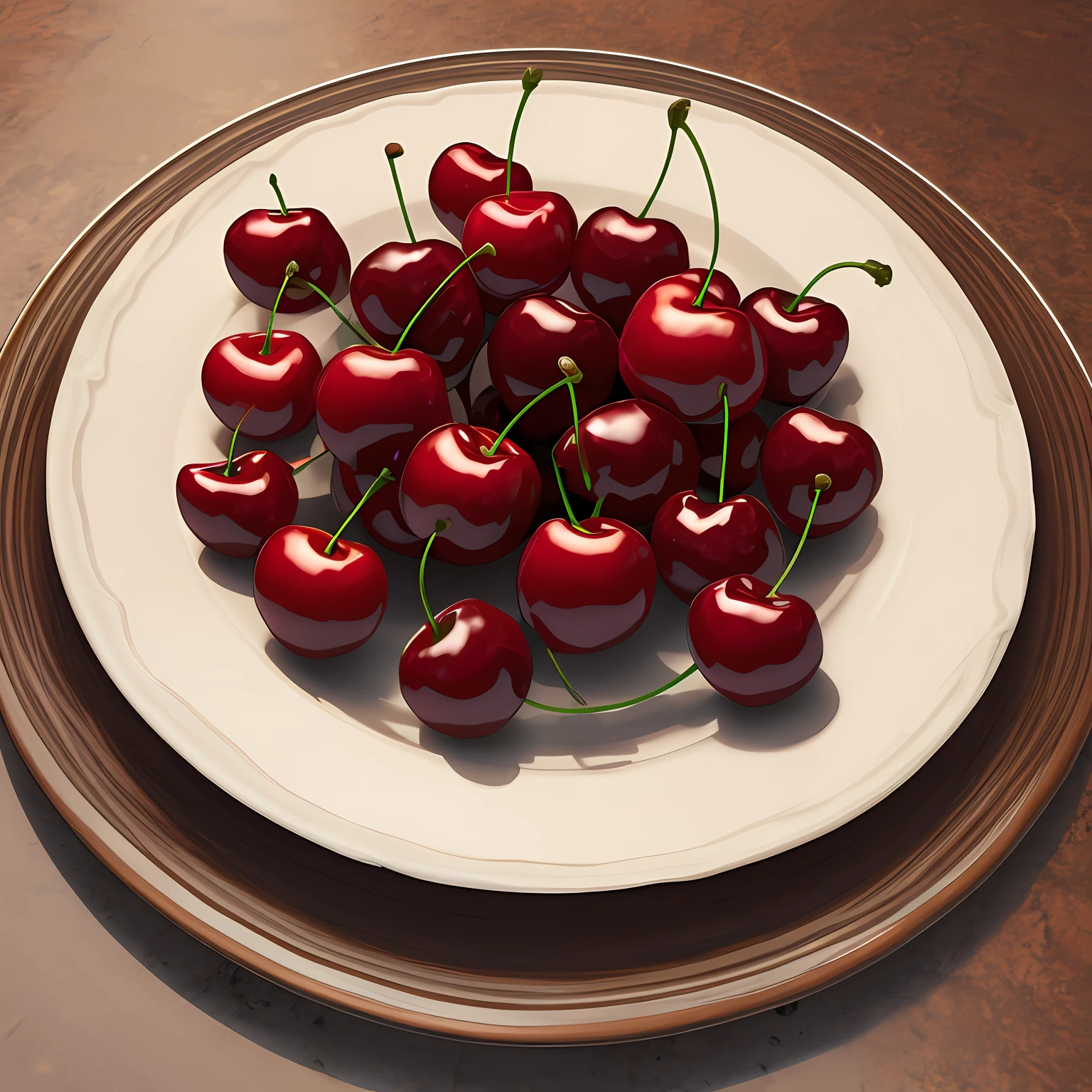 Cherries lying on a plate, realism style, 3D anime realistic. --auto