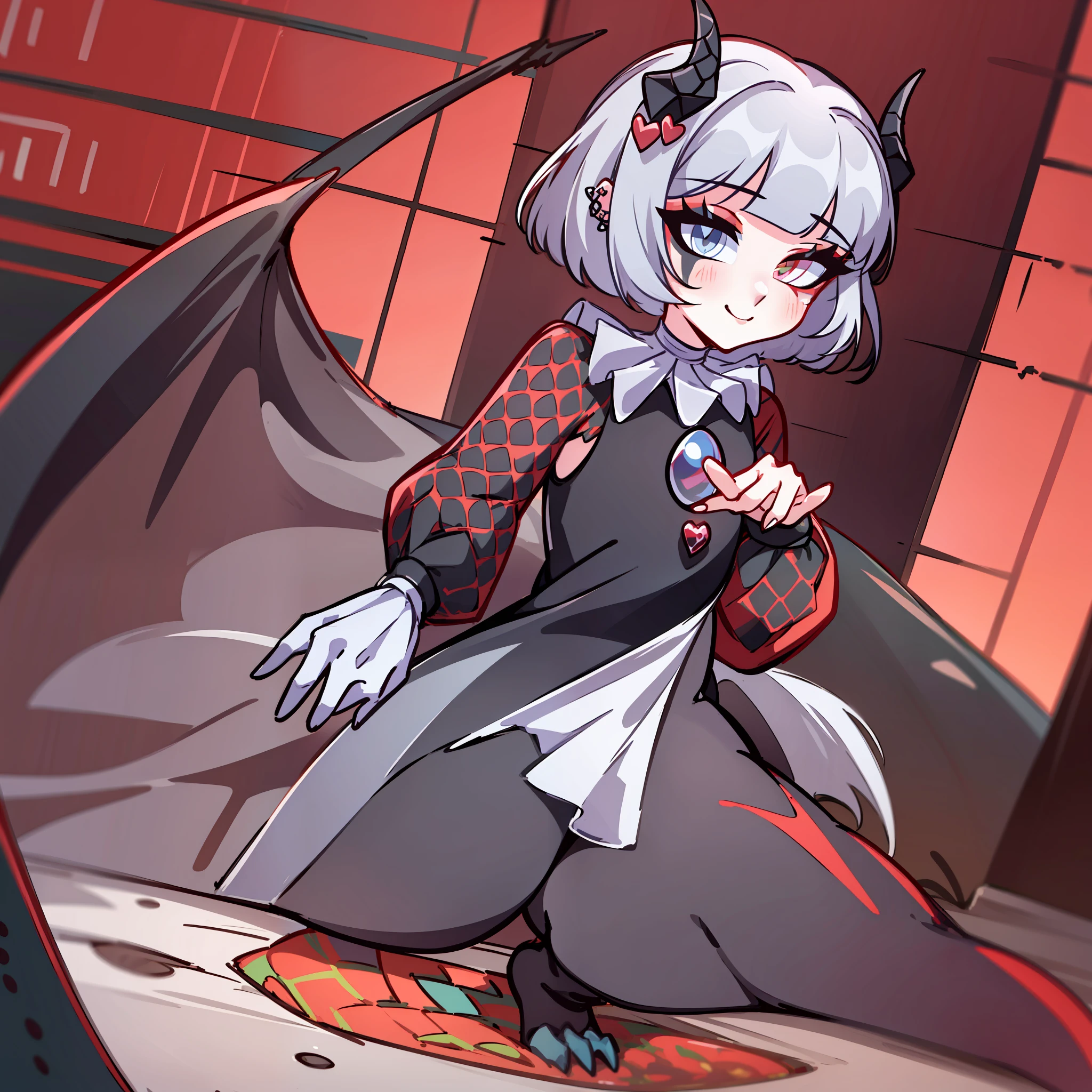(Best quality: 1.0), (super high res: 1.0), extremely detailed character, detailed Hands, half-dragon girl, horns, scales on the neck, scales on the shoulders, scales on the forearm, scales on the cheek, girl with dragon tail, dragon tail, extremely detailed hair, short hair, ((white hair)), ((black locks)), extremely detailed eyes, eye with different colors, heterochromia, white right eye and black left eye, dragon eyes, 2d, anime art, ((child)), ((full body)), standing, medieval, Rpg, small, cute, smiling, piercing look, hearts, passionate eyes