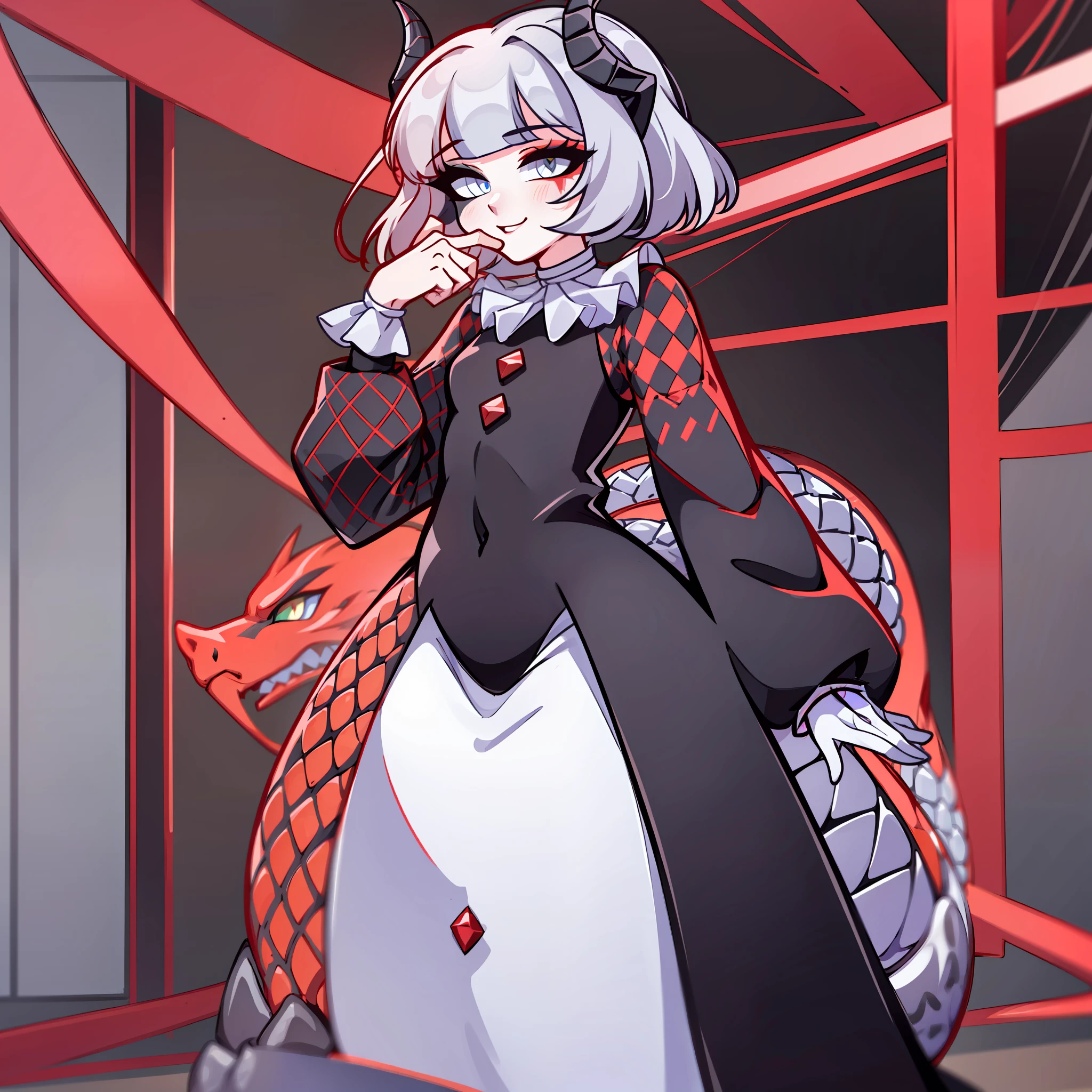 (Best quality: 1.0), (super high res: 1.0), extremely detailed character, detailed Hands, half-dragon girl, horns, scales on the neck, scales on the shoulders, scales on the forearm, scales on the cheek, girl with dragon tail, dragon tail, extremely detailed hair, short hair, ((white hair)), ((black locks)), extremely detailed eyes, eye with different colors, heterochromia, white right eye and black left eye, dragon eyes, 2d, anime art, ((child)), ((full body)), standing, medieval, Rpg, small, cute, smiling, piercing look, hearts, passionate eyes