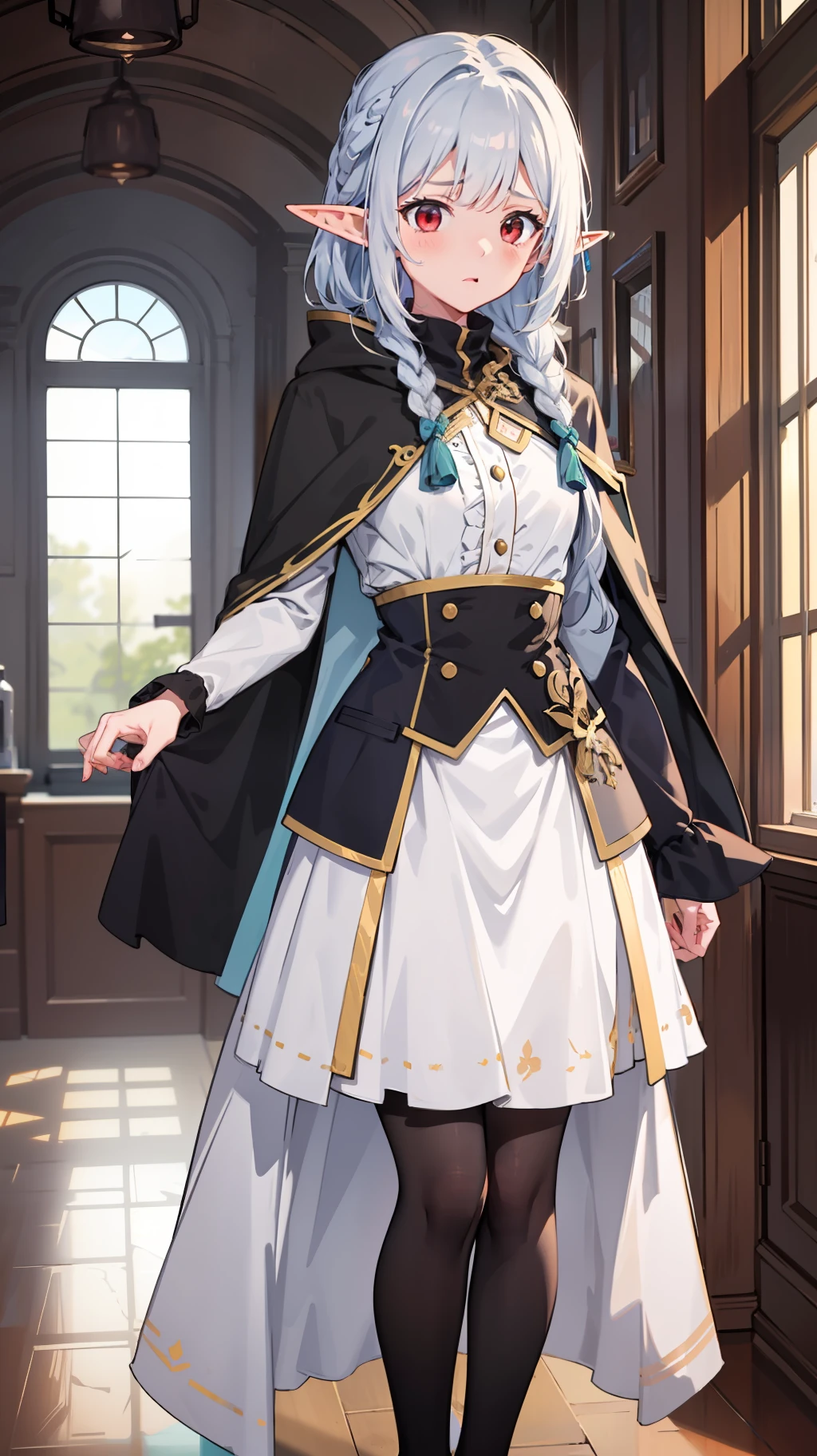 ((surprised)), (red face), full body of one girl, elf, silver hair, red eyes, braided hair, bow hair, wizard, robe, ruffles, tights, cloak, indoors, mirror, ts, concept art, beautiful anime scene, beautiful anime scene, best quality, masterpiece, 4k