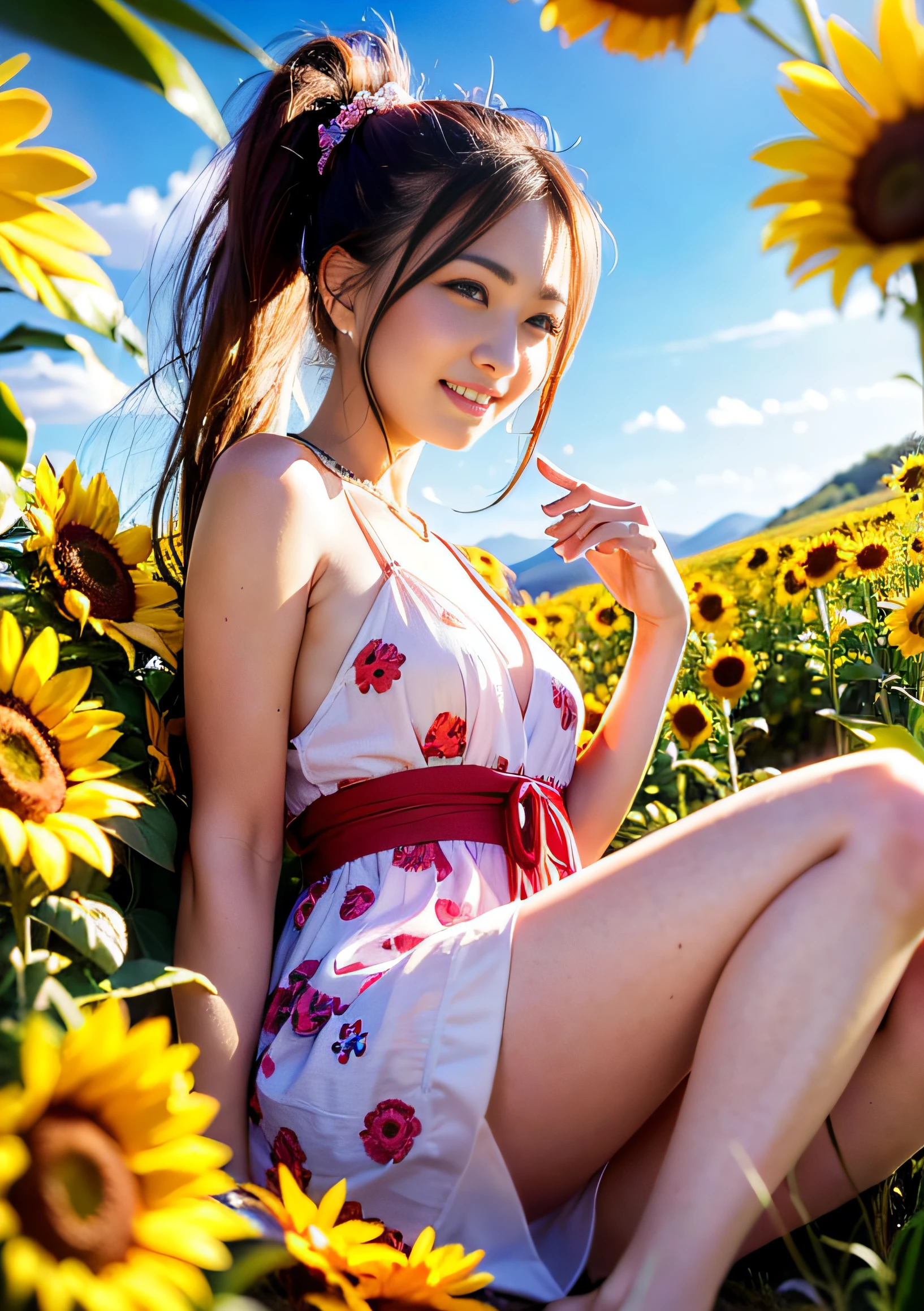 (8k, RAW photos, ultra high resolution, top quality, masterpiece: 1.2), (realistic, realistic photos: 1.35), (Unity 8k wallpaper), absurdity, highly detailed eyes and faces, (professional photos of girls), break -yeld gi (young Japan girl), caramel blonde medium hair, symmetrical clear brown eyes, (slim: 1.2), medium breathley, (laughter smile, Happy smile: 1.4), full body, break lens flare, wear (flower ornament, colorful oversized sleeveless bohemian short dress, bracelet: 1.3), multicolor summer dress, bare feet, sunflower field, summer landscape, sunny sky, super detailed background, 1 girl, tongue, age difference, ponytail