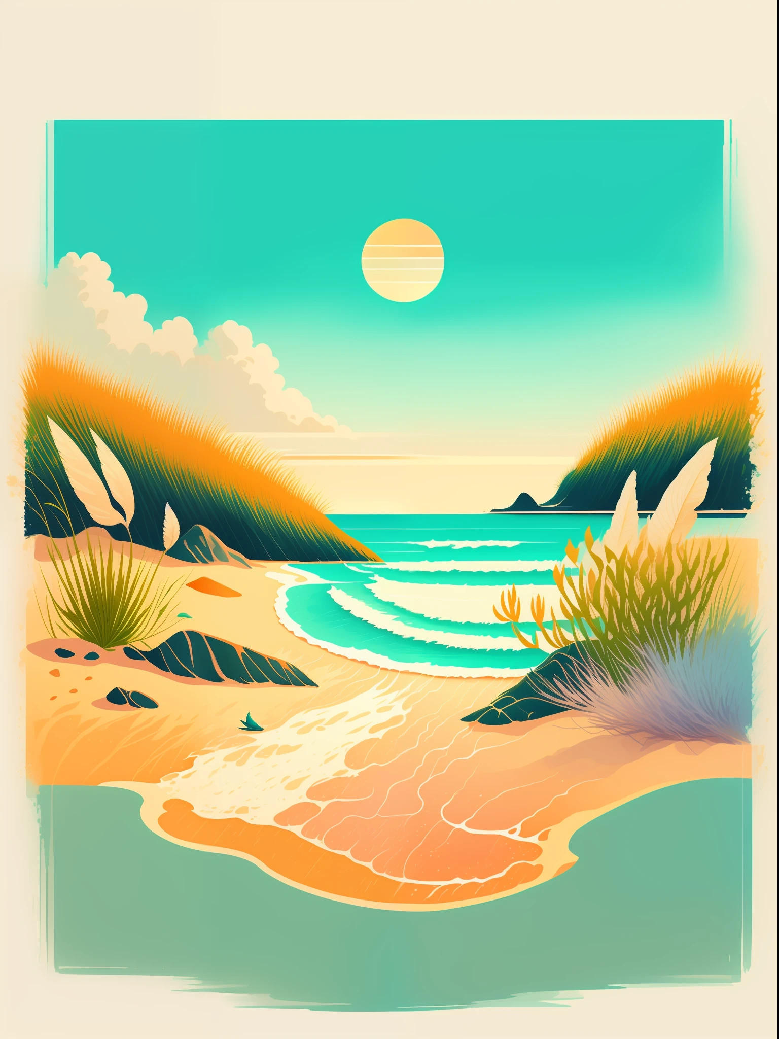 Sandy Toes & Salty Air: Serene Beach Landscape Paintings with Pastel Skies and Gentle Rollers,Fresh Typography Inspired by Beach Signage,Sunbleached Color Palette Evoking Warmth and Relaxation,Nature-inspired Patterns Celebrating Coastal Flora and Fauna,T-shirt design graphic,isolated,vector image,Illustration ,contour ,white background