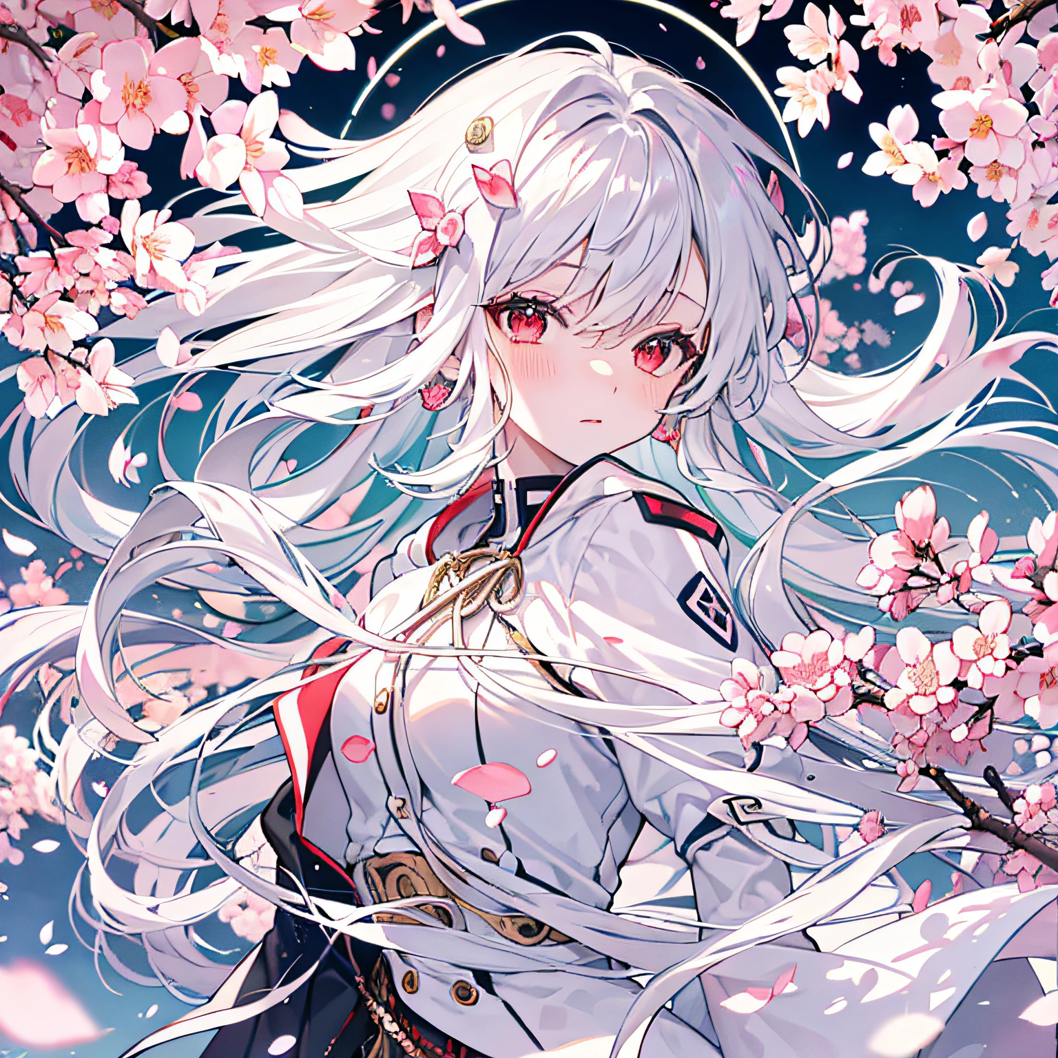 (Upper body) (highest quality), (Master's work), (detailed eye description), (detailed face description), 1 girl, red eyes, white hair, (very long hair), very long hair (fluttering in the wind), hair ornaments, white dress, small breasts, bare legs, white socks, leather shoes, blush, fluttering grass, (spring, cherry blossoms), petals, (lens halo), altocumulus, dazzling light, cool breeze, (shadow) of [cherry blossom trees], meadows, (grass growing, birds flying), (lake, Surface Reflection) (Magazine: 1.3), (Cover Style: 1.3), Fashion, Woman, Vibrant, Clothing, Astabling, Front, Colorful, Dynamic, Background, Element, Confident, Expressive, Holding, Statement, Accessory, Majestic, Coiled, Surrounding, Touch, Scene, Text, Cover, Bold, Eye-catching, Title, Fashion, Font, Catchy, Title, Bigger, Eye-catching, Modern, Trendy, Focus, Fashion