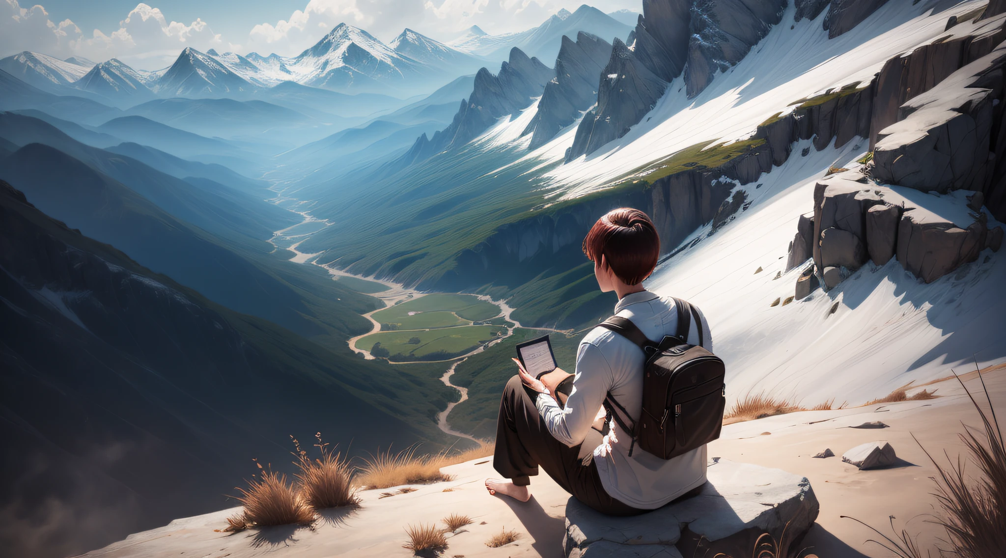 Drawing, ultra realistic, 8k, extremely detailed, in the best quality, man, oriental, short hair, young, sitting, on top of a mountain, meditating.