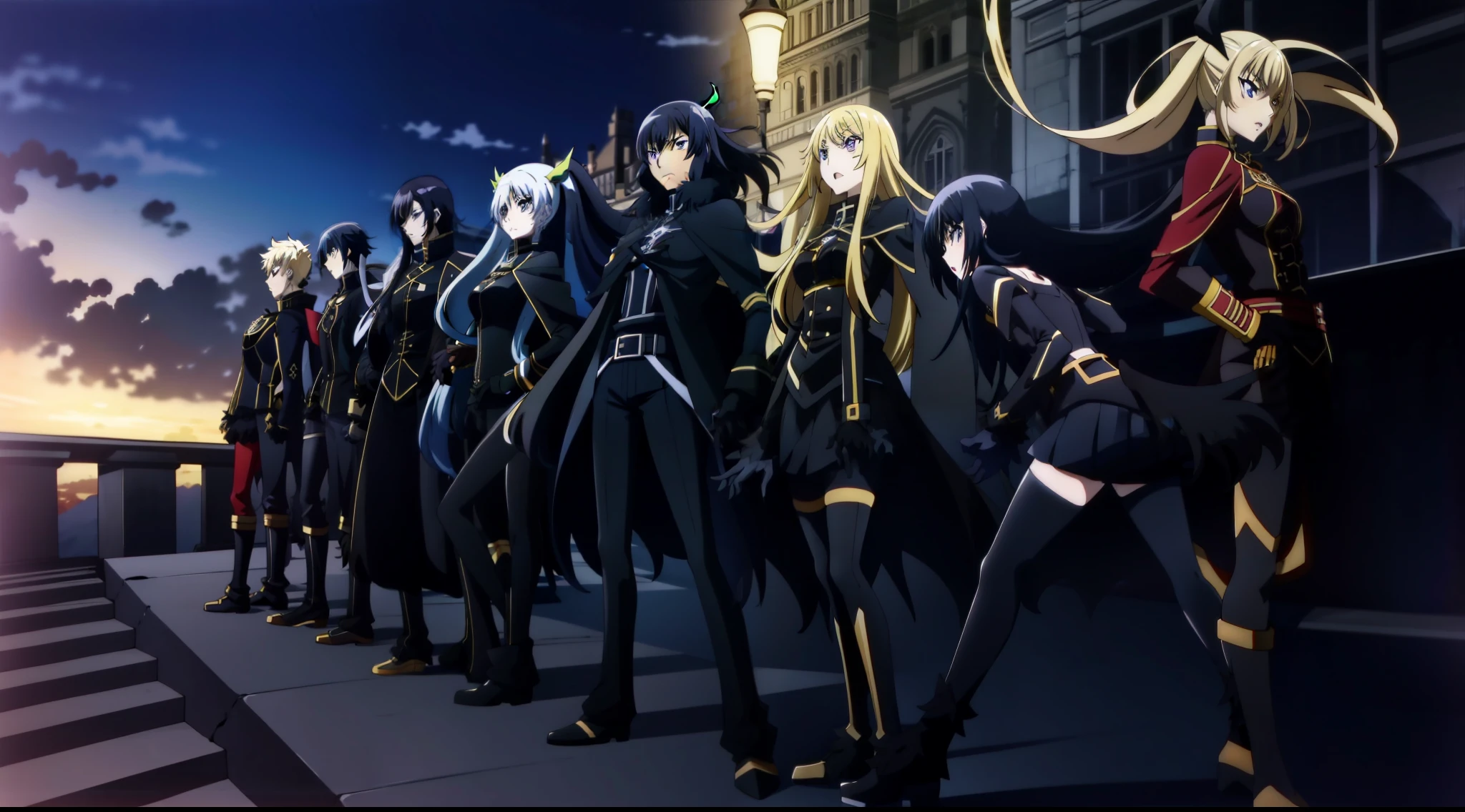 anime, black rock shooter, black rock shooter, black rock shooter, black rock shooter, black rock shooter, black rock shooter, black rock shooter, black rock, in dark robes with gold accents, screenshot from a 2012s anime, code geass, anime vampires, anime style like fate/stay night, scene!!, blame!, gilded black uniform