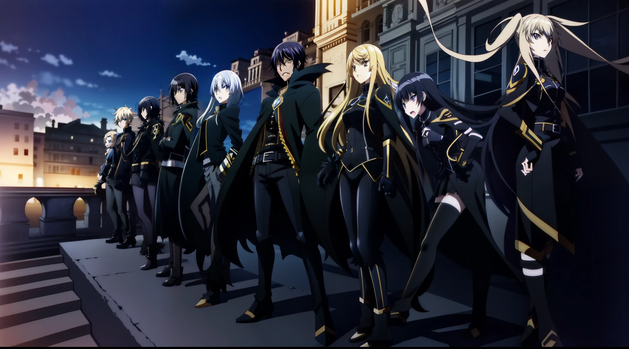 anime, black rock shooter, black rock shooter, black rock shooter, black rock shooter, black rock shooter, black rock shooter, black rock shooter, black rock, in dark robes with gold accents, screenshot from a 2012s anime, code geass, anime vampires, anime style like fate/stay night, scene!!, blame!, gilded black uniform