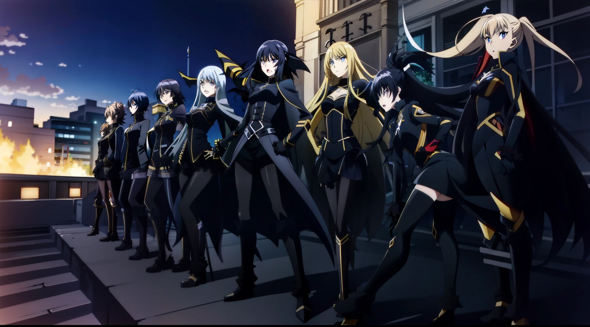 anime, black rock shooter, black rock shooter, black rock shooter, black rock shooter, black rock shooter, black rock shooter, black rock shooter, black rock, in dark robes with gold accents, screenshot from a 2012s anime, code geass, anime vampires, anime style like fate/stay night, scene!!, blame!, gilded black uniform