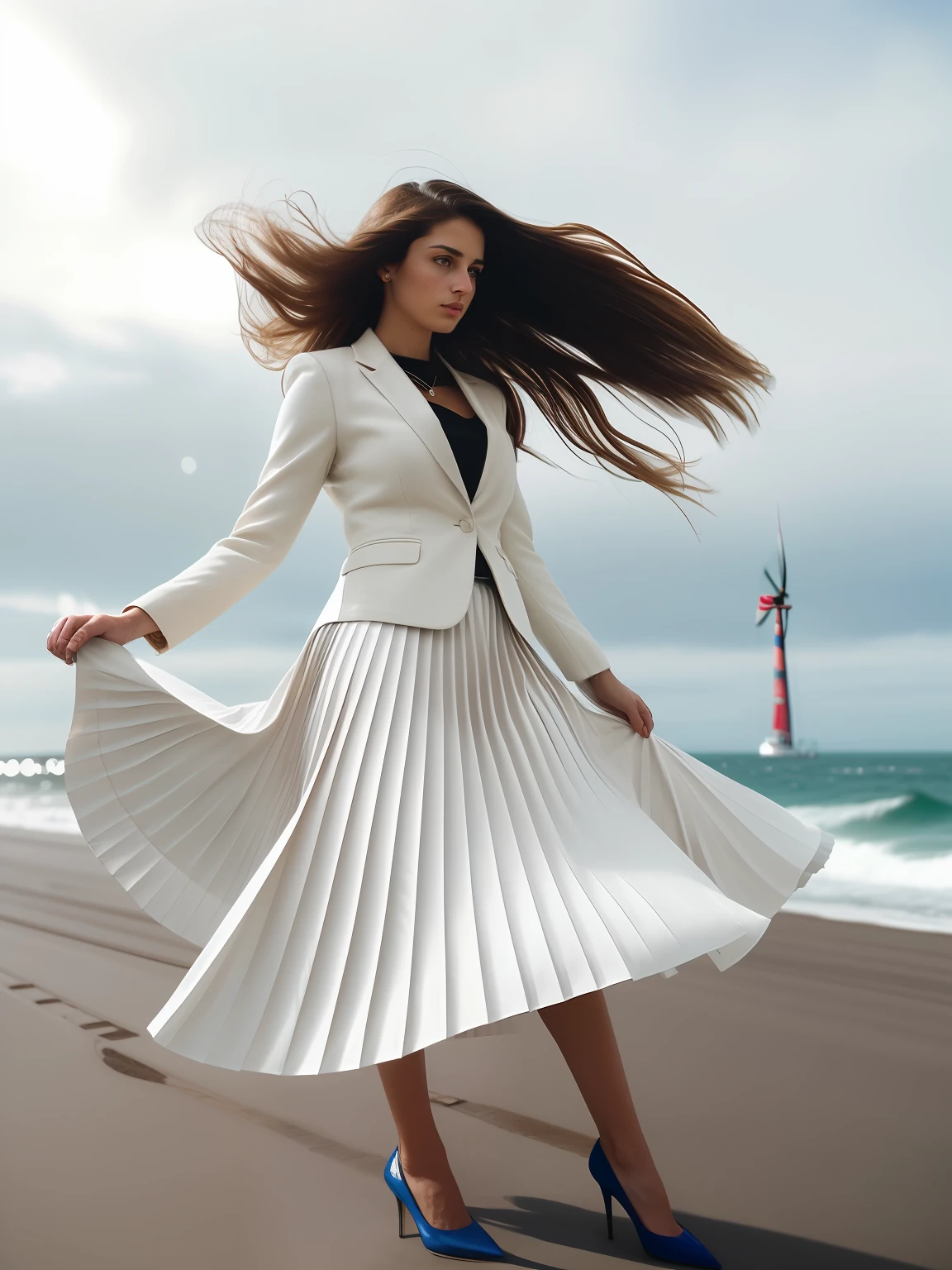 authentic (kind and tender) good woman wearing a short blazer with a very very detailed (long (fully pleated) full circle skirt) and (simple) low heeled office shoes, very very intricate hyper-detailed symmetric (attractive graceful young feminine face) with (sad, tired eyes), full of empathy and compassion and love, (pronounced (feminine) features), (highly detailed ultra accurate realistic) hands and fingers, ((windy conditions and wind blowing)), epic composition, highly detailed attributes, highly detailed atmosphere, (35mm f1.4 Kodak portra 400 photograph), extremely high quality RAW photograph, detailed background, intricate, Exquisite details and textures,