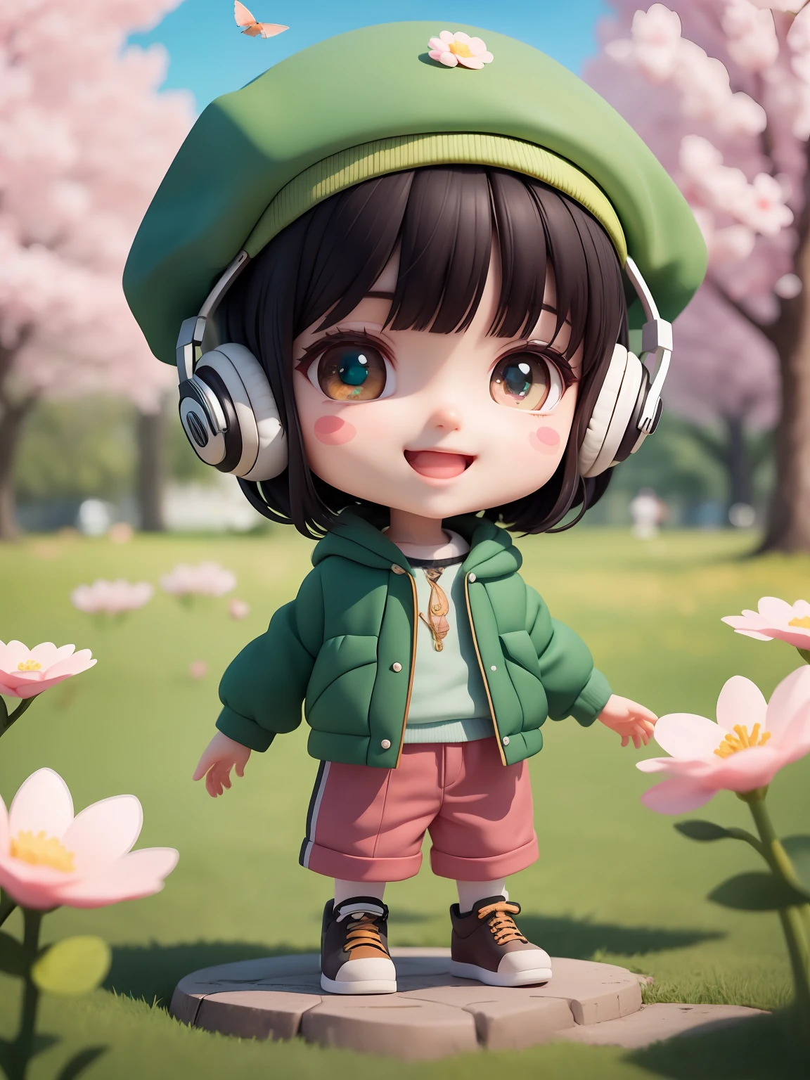 (masterpiece),(best quality),(ultra-detailed), (full body:1.2),
1boy,chibi,cute, smile, open mouth,
flower, outdoors, with frogs, music, beret, holding guitar, green jacket, blush, tree, :3, shirt, short hair, cherry blossoms, green headwear, blurry, black hair, blush stickers, long sleeves, bangs, headphones, black hair, pink flower,
(beautiful detailed face), (beautiful detailed eyes brown),