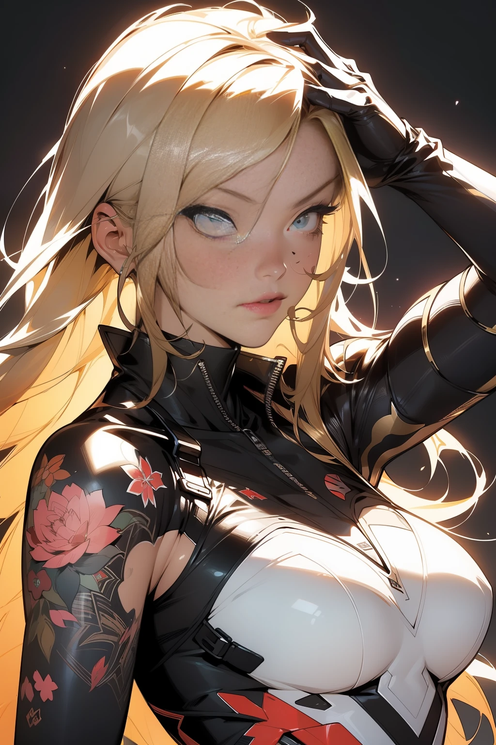 background, mixed-language_text, Japanese letters in graffit, girls, long blonde hair, excellent lighting, sidelighting, perfect ultimate (flat color: 1.3), (magazine_cover: 1.4), (multicolored_background: 1.3), striped_background, card_background, :: comix style by joe madureira :: circular pieces of white metals glued to the ultra detailed arms coming out sparkling shine, perfect and detailed, ultra detailed shirt with abstract design and with Japanese letter print in graffit of the sides of clothing, image of girls with big breast, on top of a futuristic motorcycle, with immersive effects, hover effect, background graffiti style tribal tattoo with flowers and vibrant colors, "ultra HDR" detailed and with focus effect, (masterpiece: 1.2, best quality), (beautiful eyes with huge eyelashes finely detailed: 1.2), , ((Solo)), (Finely detailed eyes and detailed face: 1.3), in various full-body attack poses, (cute background: 1.2),futuristic costume, super detailed circular metals Clinging to the arms and pants, fantastic paintings