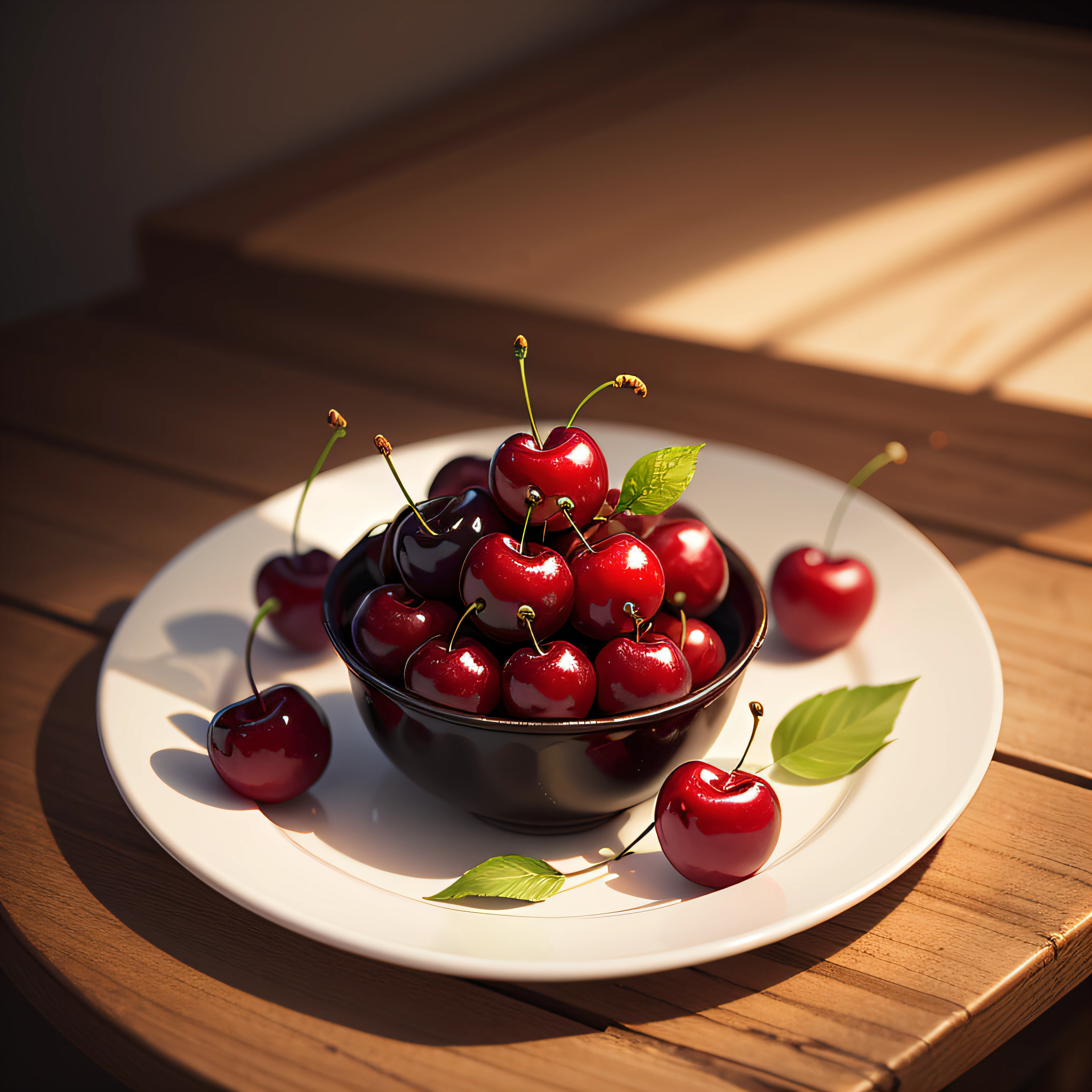 Masterpiece, hi-res, delicious cherries lying on a beautiful plate, realism style, photorealistic --auto