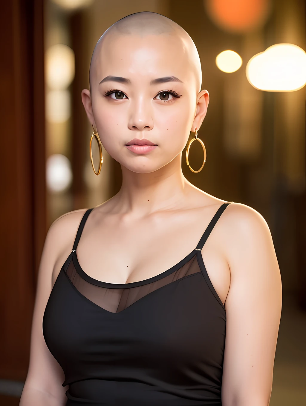 ((Hairstyle is shaved head, skinhead)), (Japan female), age 60 years old, 8K, photottorial, photorealism, portrait, professional lighting, 85mm lens, depth of field, skin luster is delicate, eye color is black, eyes are raised, eyes are slightly apart, lips are plump, chubby, (Yuko Oshima), pink camisole, hotel, night view, upper body, Large earrings, golden septum