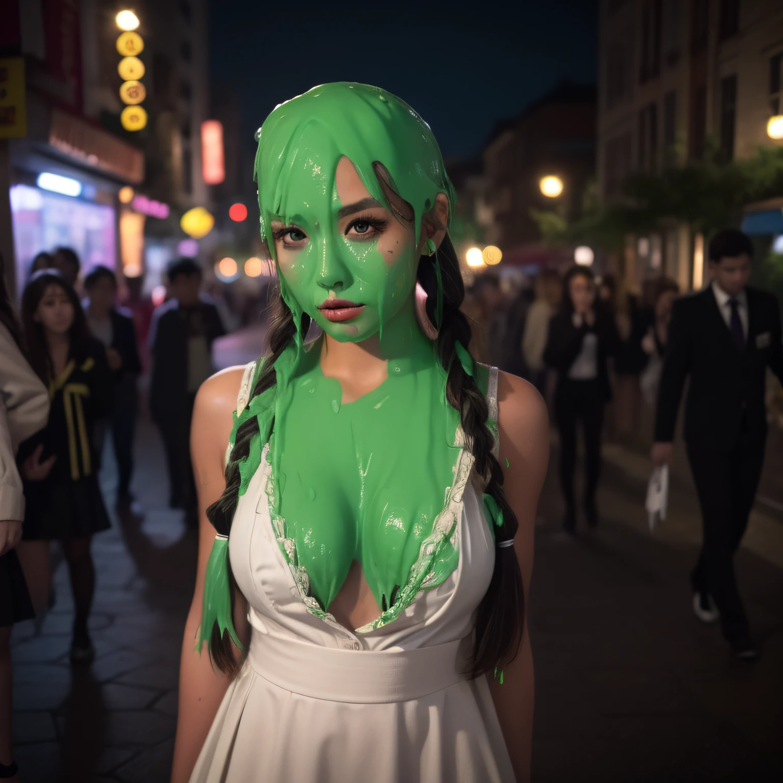 25-year-old Japanese model, Catholic school uniform, city at night, lens flairs, portrait photography, long eyelashes, thick eyeliner, heavy makeup, braided pigtails, (slime dripping down head: 1.5)