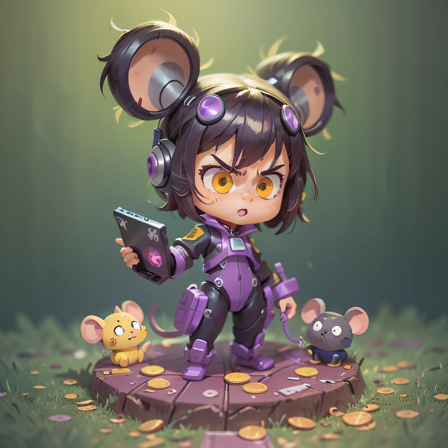 chibi, mouse, cute, evil hacker, action pose, female, high tech suit, purple cloth, with a high tech computer and robot, darker background, yellow eyes, some yellow coins on the ground, evil look, angry face, holding leather suit, bigbadejo, full body, masterpiece, 3D Rendering, Best Quality, Lots of Detail, (plain background), vinyl toy figurine