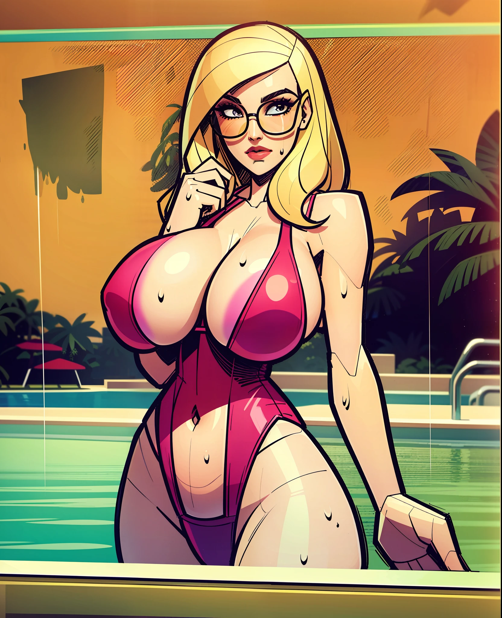 A cartoon drawing of a woman in a red swimsuit and glasses, in retro swimsuit, poolside, wet swimsuit, neckline, swimsuit model, swimsuit, Gwen Stacy, Brittney Lee, Big Breasts!, SFW huge breasts, cartoon art style, blonde goddess, close-up view, with big breasts, wears a swimsuit, swimsuit, Art GTA 5 comics