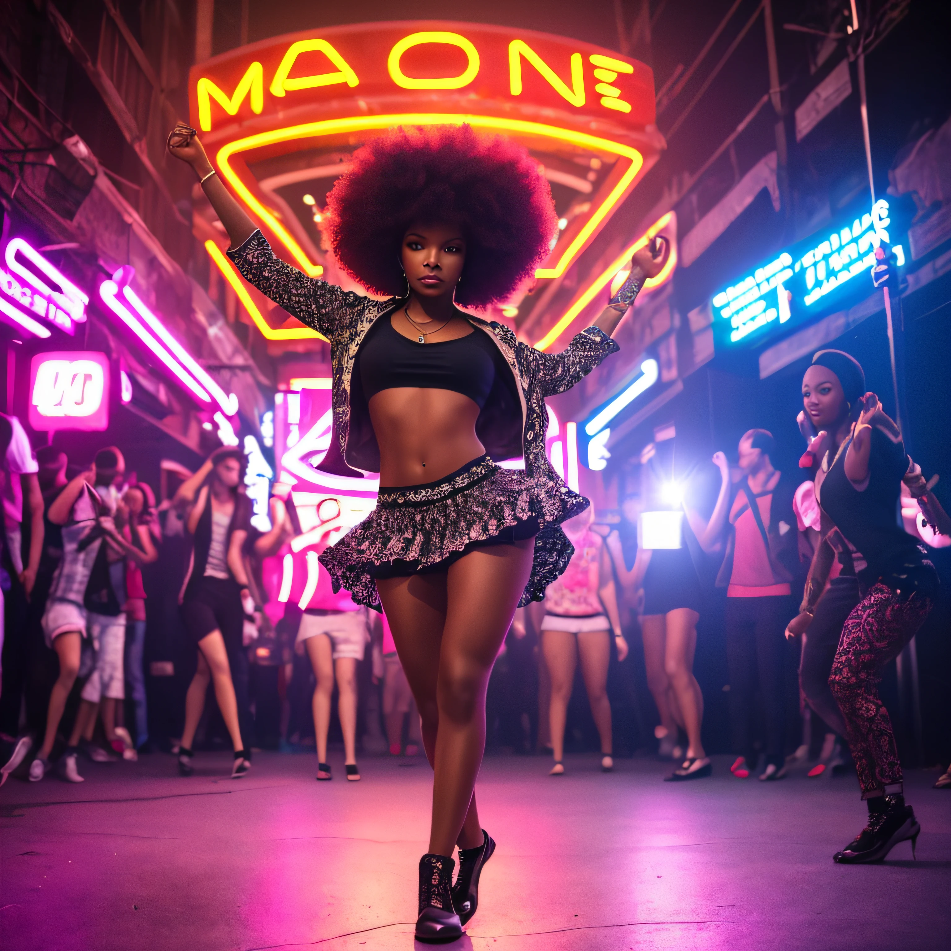 (high contrast: 4.0), photorealistic, film, maximum quality, 8k, intricate details, depth of field, internal, 35mm lens, f/4, two women, one afro, maximum black skin, another blonde, dancing with neon lights, perfect face, bright eyes, skin with intricate details, maximum quality, sweat, dancers, 8K character, afro, beautiful woman model, maximum quality, 8k, she is dancing, background with dance floor, photorealistic, dramatic light, neon art of a female body, dynamic dance pose, girl model - disco dance style, disco dance style clothing, maximum quality, tribal tattoos. --auto