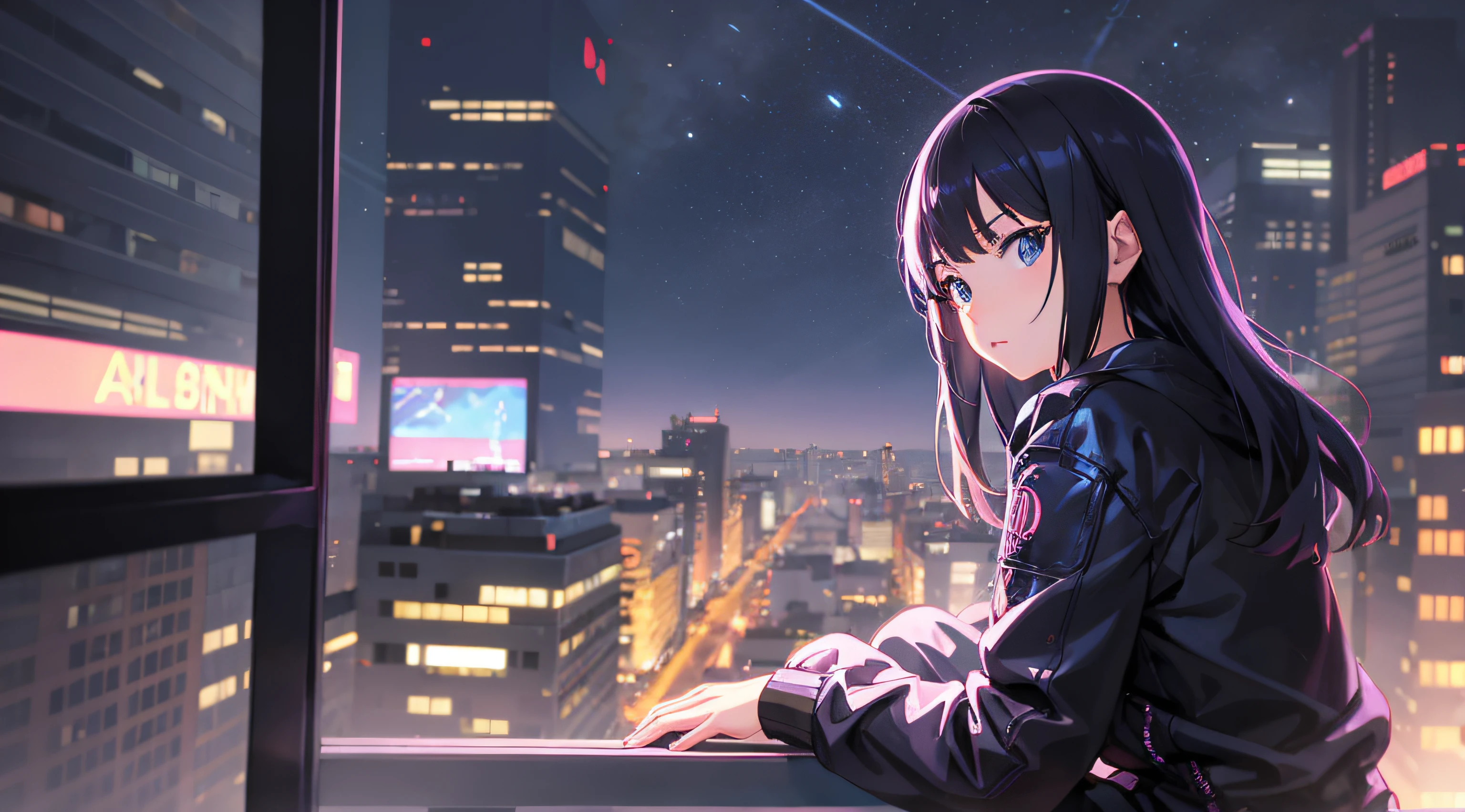anime girl looking out of window at city at night, anime style 4 k, 4k anime wallpaper, anime art wallpaper 4 k, anime art wallpaper 4k, anime wallpaper 4k, anime wallpaper 4 k, anime art wallpaper 8 k, best anime 4k konachan wallpaper, badass anime 8 k, digital cyberpunk anime art, anime moe artstyle