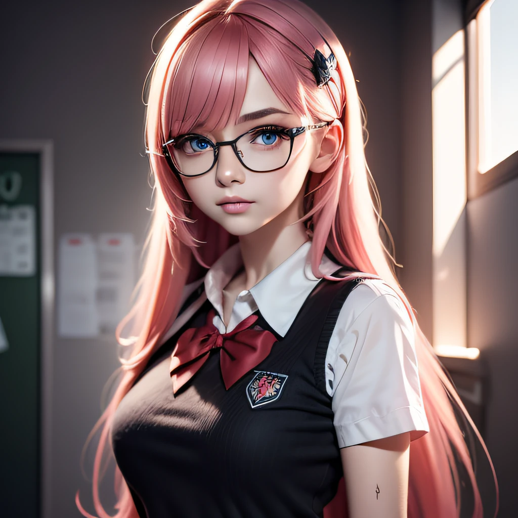 (extremely detailed CG unity 8k wallpaper, masterpiece, best quality, ultra-detailed) young female photographer, wearing glasses, hair clip, pink long hair, student appearance, blue eyes, wearing an armband, background is a school.