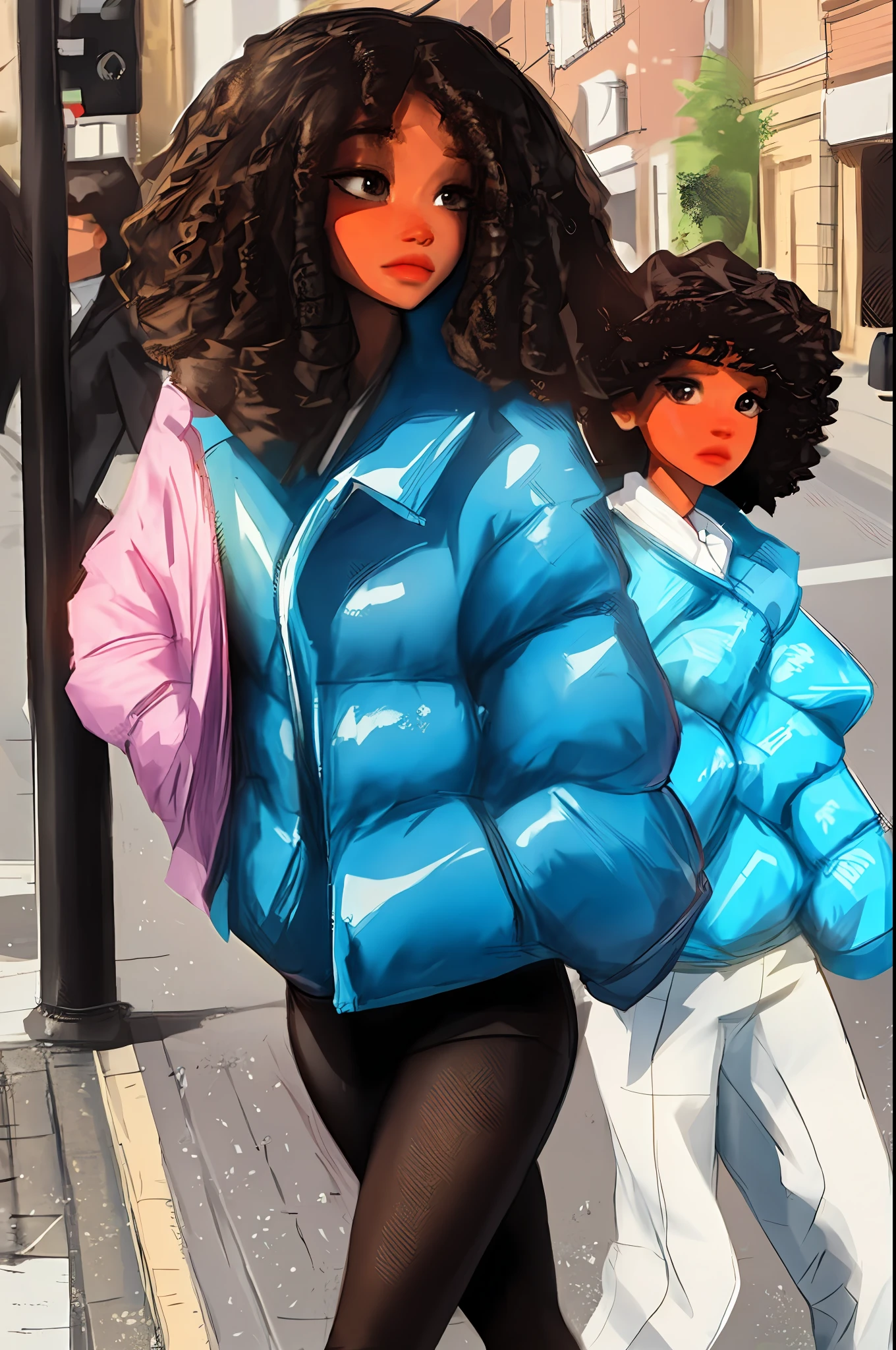 Sam Yang, 1girl, curly-haired black woman walking around town in baggy clothes and an iPhone in her right hand, close up, ((masterpiece))