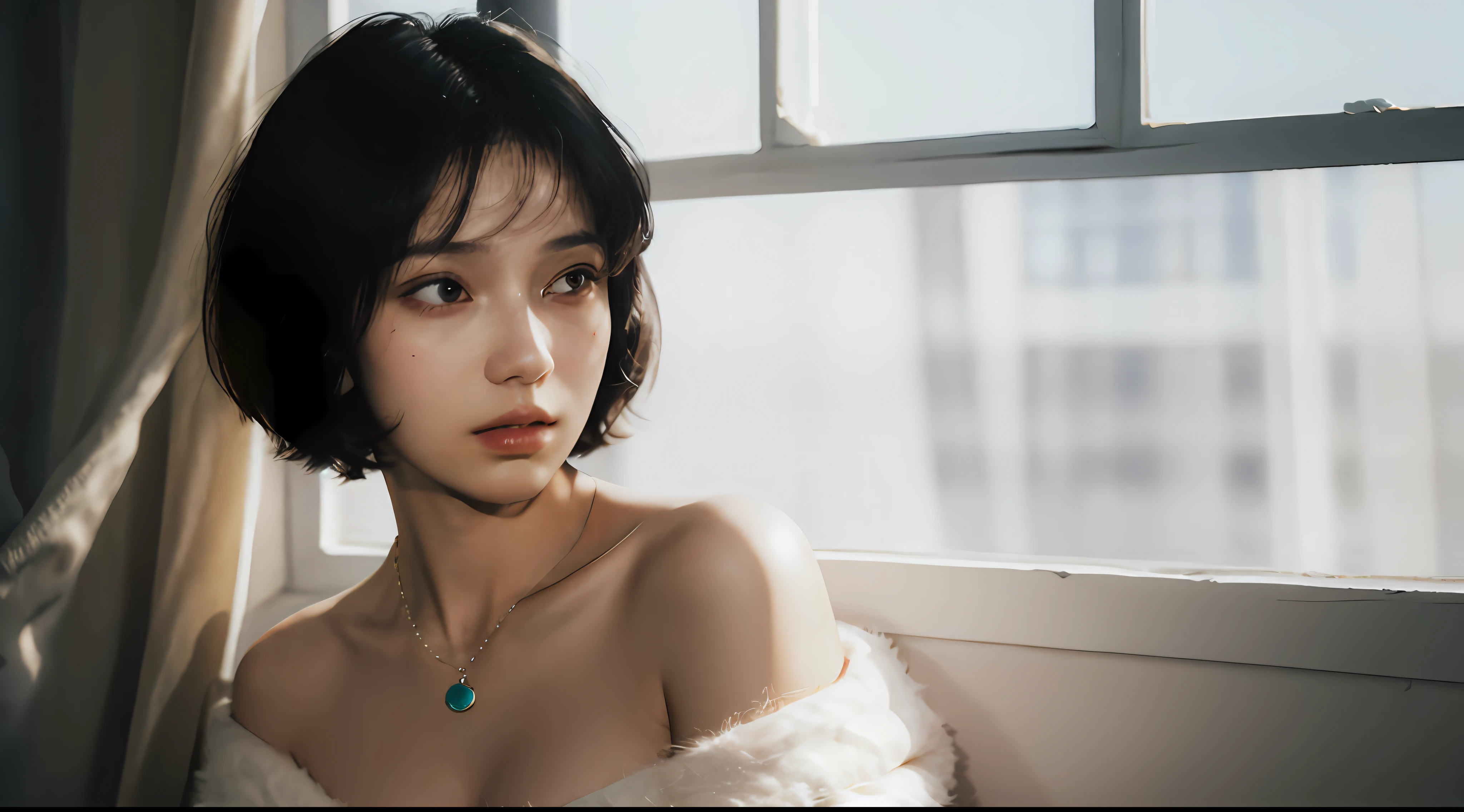 fashion photography portrait of 1girl, offshoulder, fluffy short hair, soft light, rim light, beautiful shadow, low key, (photorealistic, raw photo:1.2), (natural skin texture, realistic eye and face details), hyperrealism, ultra high res, 4K, Best quality, masterpiece, necklace, (cleavage:0.8), in the dark