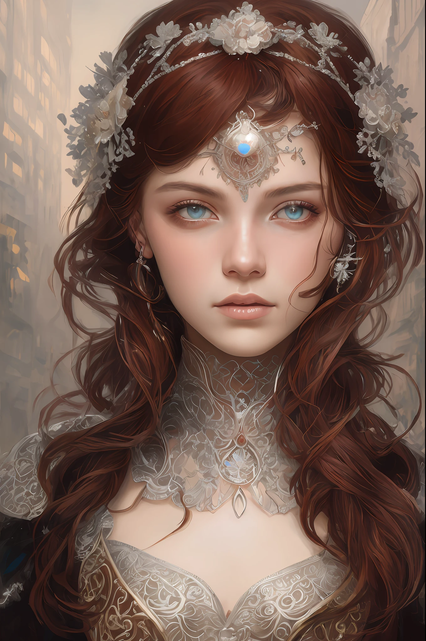 Portrait of a beautiful cyborg with 8k light red hair, messy hair, silver metal, intricate, elegant, finely detailed, majestic, digital photography, artgerm and art by Ruan Jia and Greg Rutkowski, surreal painting, filigree, Broken Glass, (Masterpiece, Sidelight, Delicately Beautiful Brown Eyes: 1.2), HDR, Full Front Display