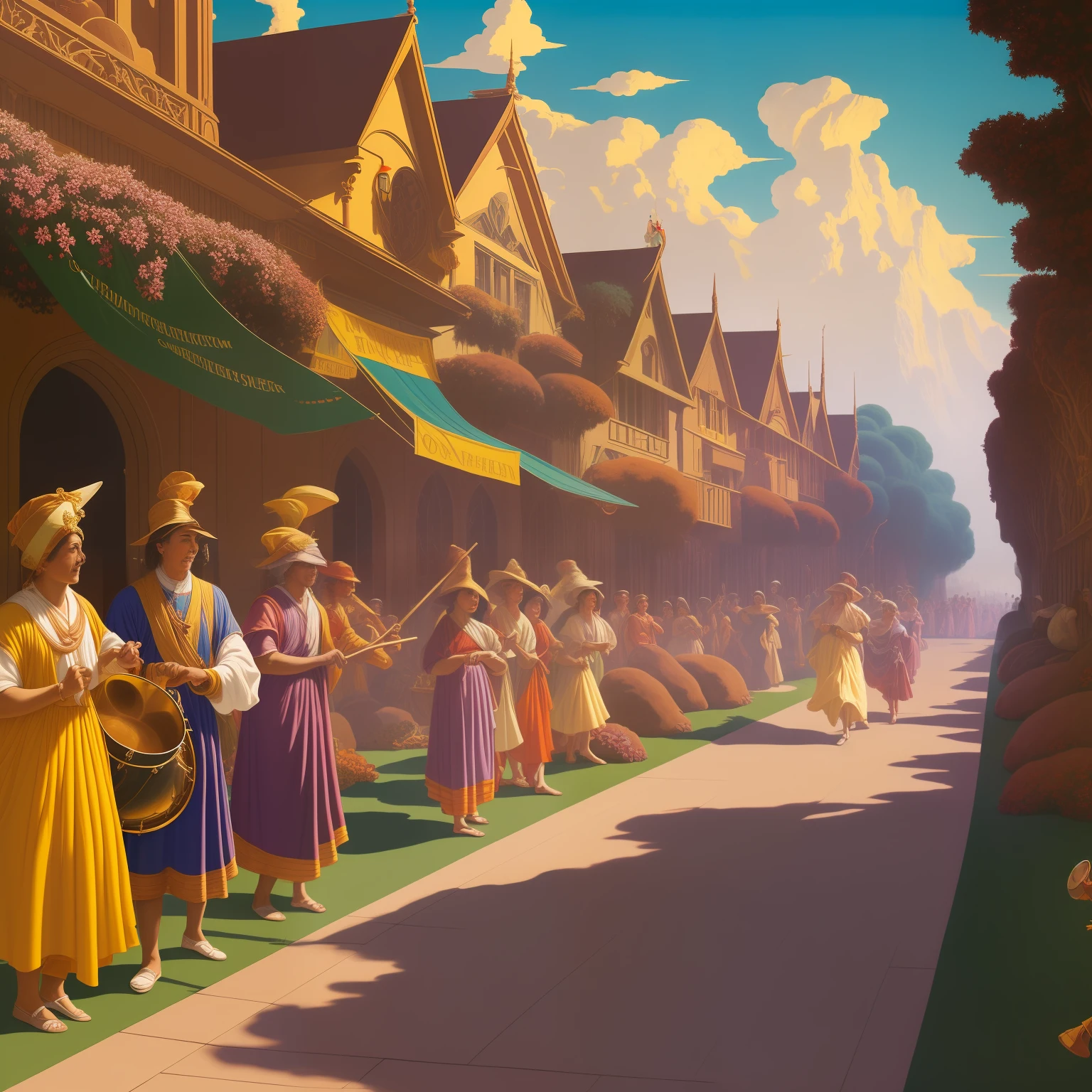 The illustration depicts a vibrant summer urban setting. A suffocating cell contrasts with eyes full of life. Spray-painted houses contemplate, metals glow and draw attention. Cultural varieties and tired mothers are portrayed. A cheerful drummer, a preacher, and a procession in search of reign complete the scene. Inspired by MAXfield parrish