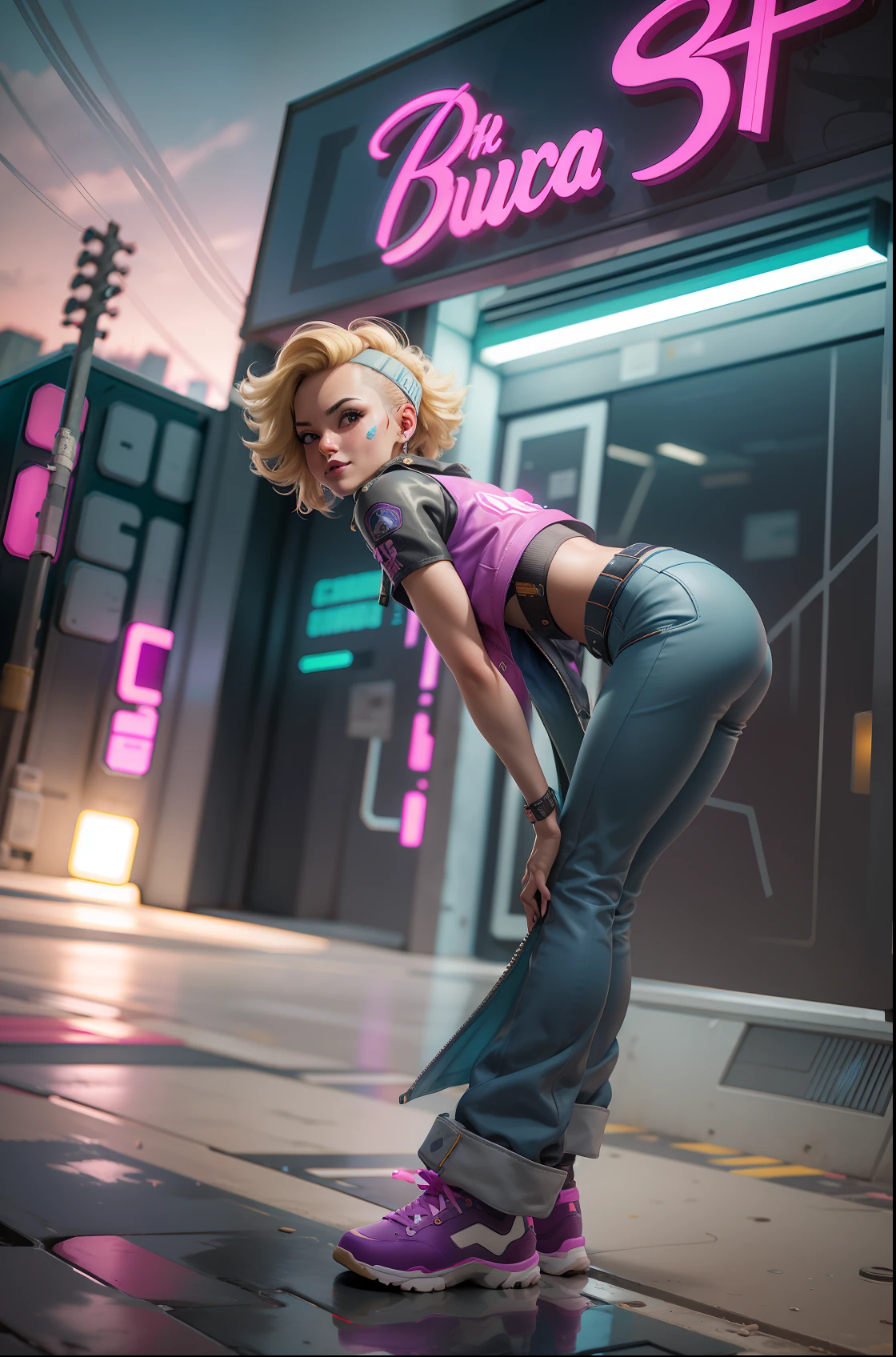 ((Cyberpunk)), ((Realistic)) and ultra-detailed photography of a barbie-like girl with cyberpunk aesthetic and neon colors. She was so cute and has a ((blonde hair, indigo highlights, candycolor)), wears a (streetwear top, sholder bag), (leather jacket, fuchsia pattern:1.2) and a (light-grey skirt, indigo belt:1.2), (disruptive dress:1.1). She has a simple smile and a multicolored deep eyes, ((beautiful and aesthetic)), sexy, under-boobs, hot, landscape orientation, upper body focus, full body, dynamic lights, RAW photo, (perfect face:1.2), (led lighting:1.2), (in the style of Ghost In The Shell:1), (in the style of Blade Runner:1.2), (in the style of Akira:1.5), (face details:0.3), (headband:0.7), (crown:0.3), (tattoo:0.9), (robot suit:0.9), (rainbow hair:0.7), film grain, depth of field, soft lighting, sparkle, motion blur, from above, lens flare, Ultra-Wide Angle, ((Best Quality)), ((Masterpiece)), 16k