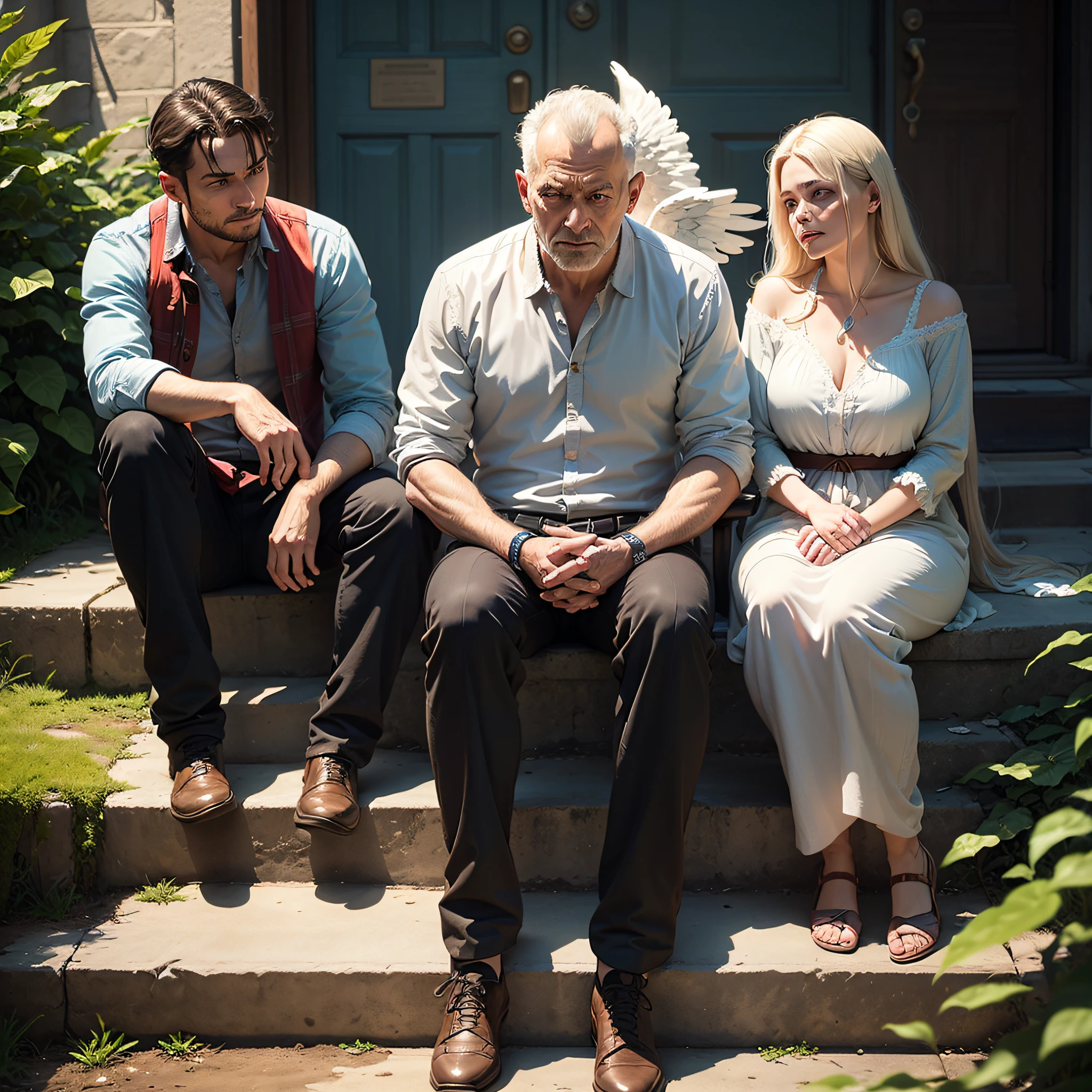 there is a perfect man and woman in [spirit], in transparent form, smiling at the sad man, sitting on the steps of a park, [[ hyper-realistic ] ], spiritual image, of a guardian angel assisting with good energies, spiritual charity, viral image, inspiring image, contemplation and compassion with man, promo still, contemplating, afflicted man, worried, fan art, terrified man,  promo art, [ realistic photo ]!, environmental photo, person in the foreground, compassion --auto