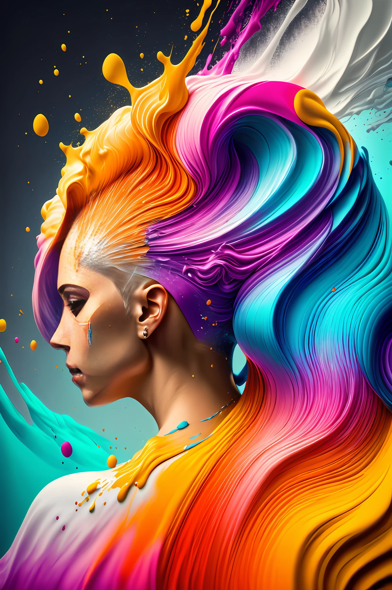 Colorful abstract art of paint forming a hair strand on a man, Romantic lighting, wave, sub-surface Scatterring, shine, hair transplant, underwater paint art awarded by Alberto Seveso