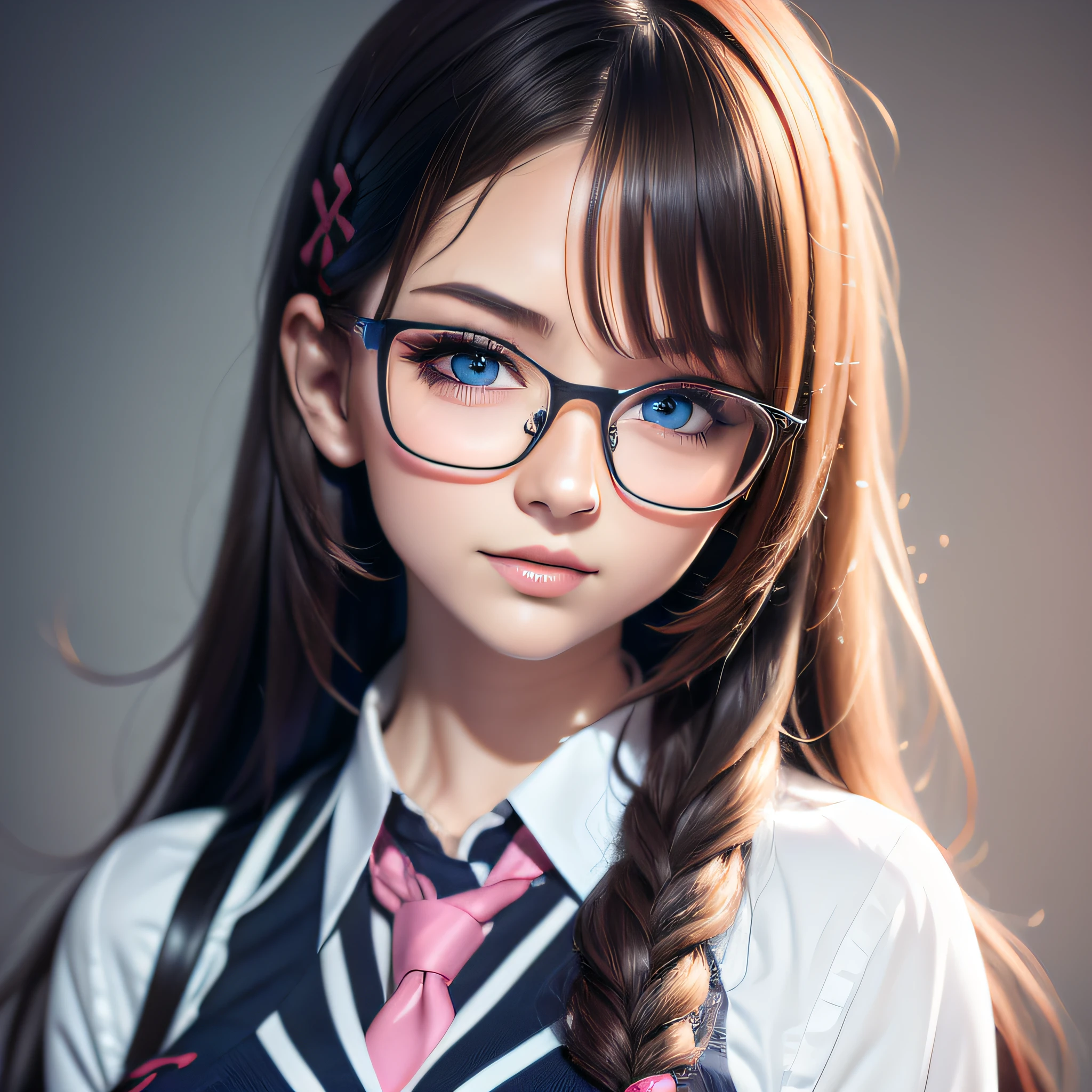 (extremely detailed CG unity 8k wallpaper, masterpiece, best quality, ultra-detailed) young female photographer, wearing glasses, hair clip, pink long hair, student appearance, blue eyes, wearing an armband, background is a school.