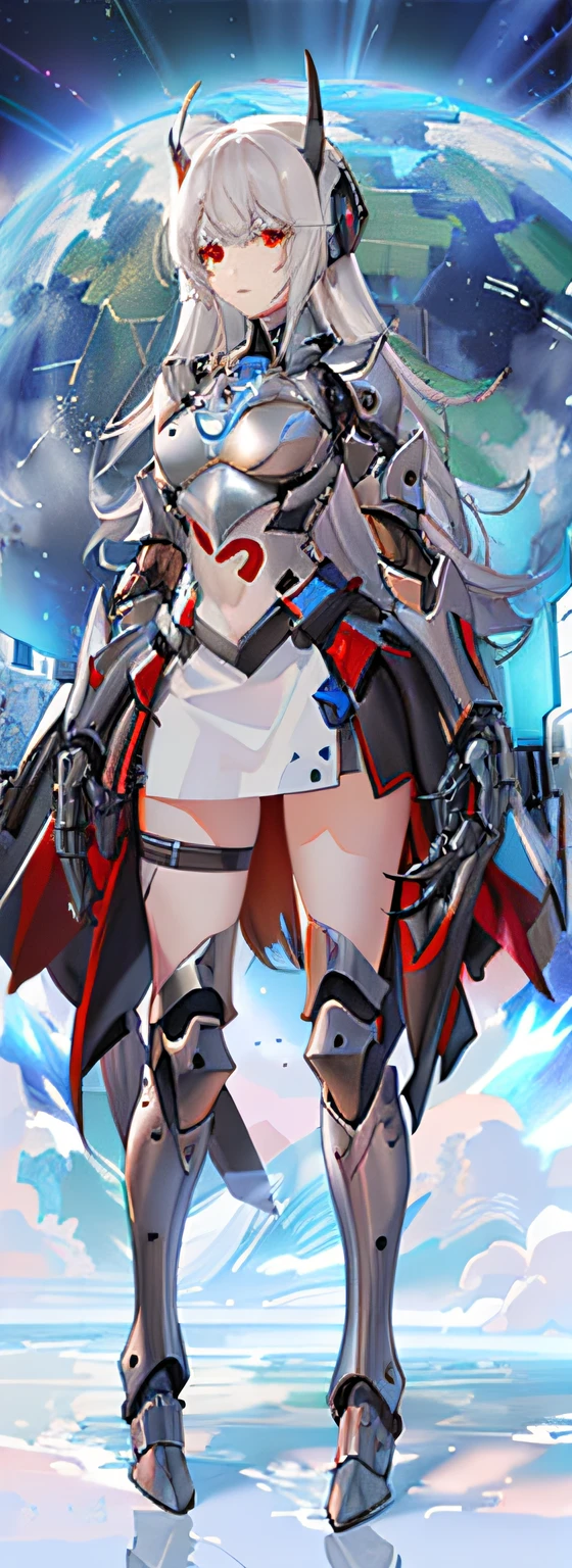 "Heavy demon cyborg armor, with a rugged aesthetic and futuristic design that resembles a strong mechanical exoskeleton. Dark shades, highlighted edges and details with a slight glow. Emphasize the strength and resilience of the armor, with high-quality materials and visible mechanical components. Emphasize the combination of technology and warfare, with built-in weapons and defense systems. Show the characteristics of the cyborg, such as biomechanical implants, red eyes or indicated circuits. Depict the armor in a futuristic combat environment, with destroyed buildings and smoke effects in the background.