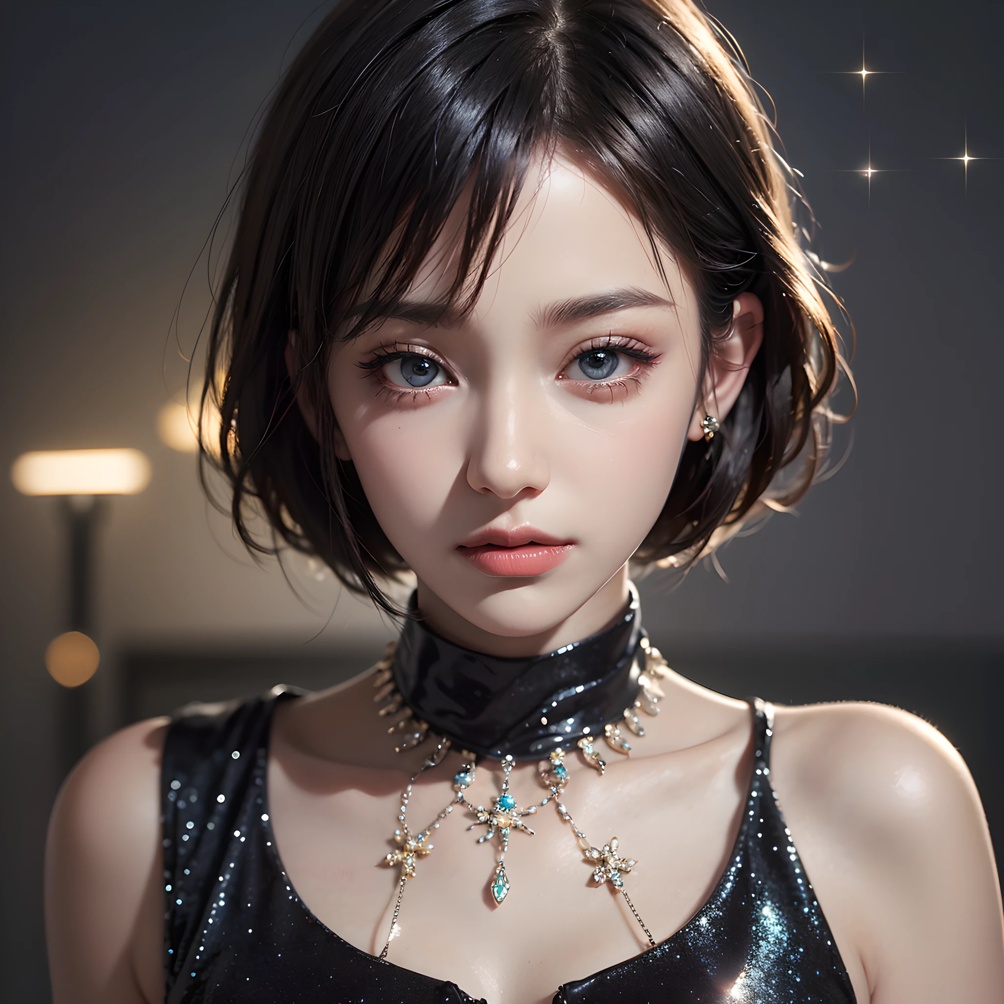 textured skin, masterpiece, top quality, (cinematic lighting), sparkle, (sparkle eyes: 1.1), bob cut, soft perm, shiny black hair