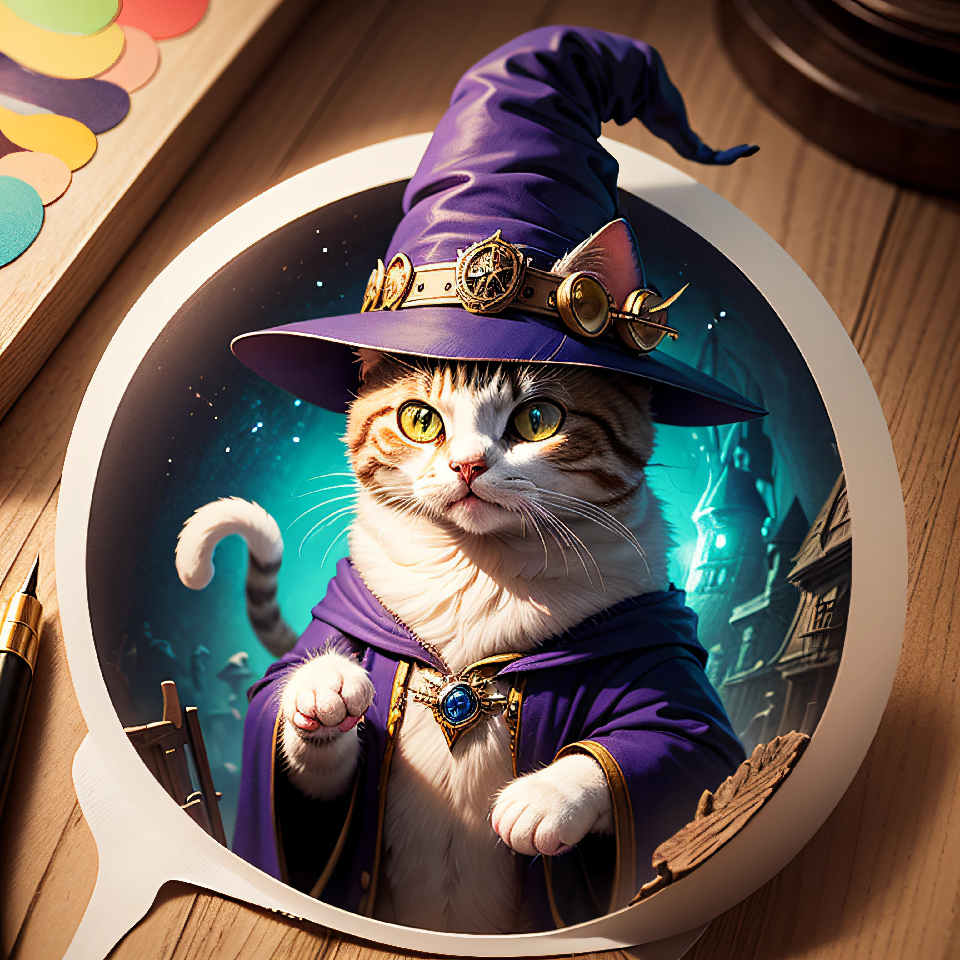 cat with wizard hat, art for sticker cat with witch hat playing, colorful art for sticker --auto