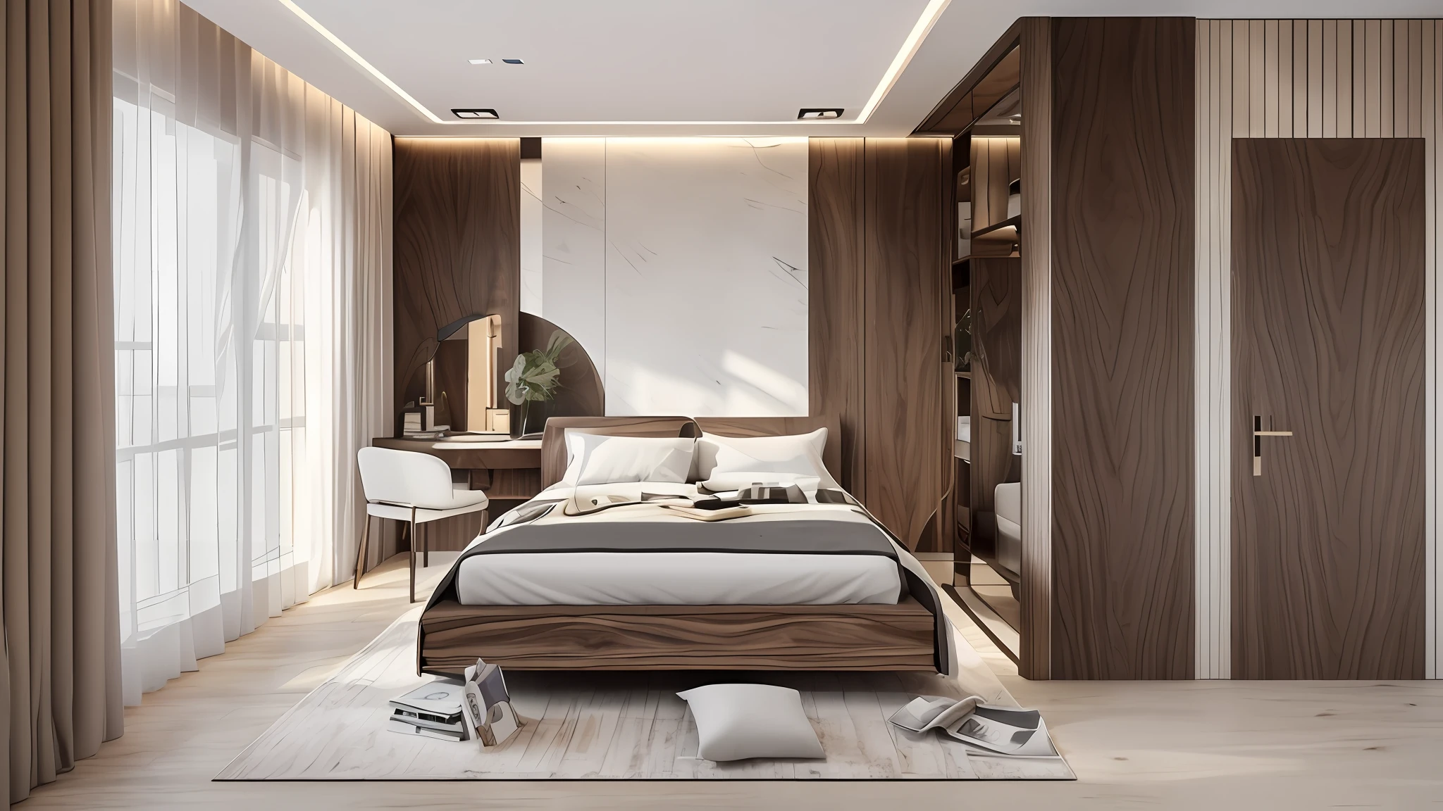 (Masterpiece), (High Quality), Best Picture Quality, (Real), (Realistic), Super Detailed, (Full Detail), (4K), 8K, Modern Furniture, indoor, funiture(walnut natural wood: white acrylic panel: 0.5), (bed)/morden, 1 white carpet, broadloom, ceiling rose, 1 poster