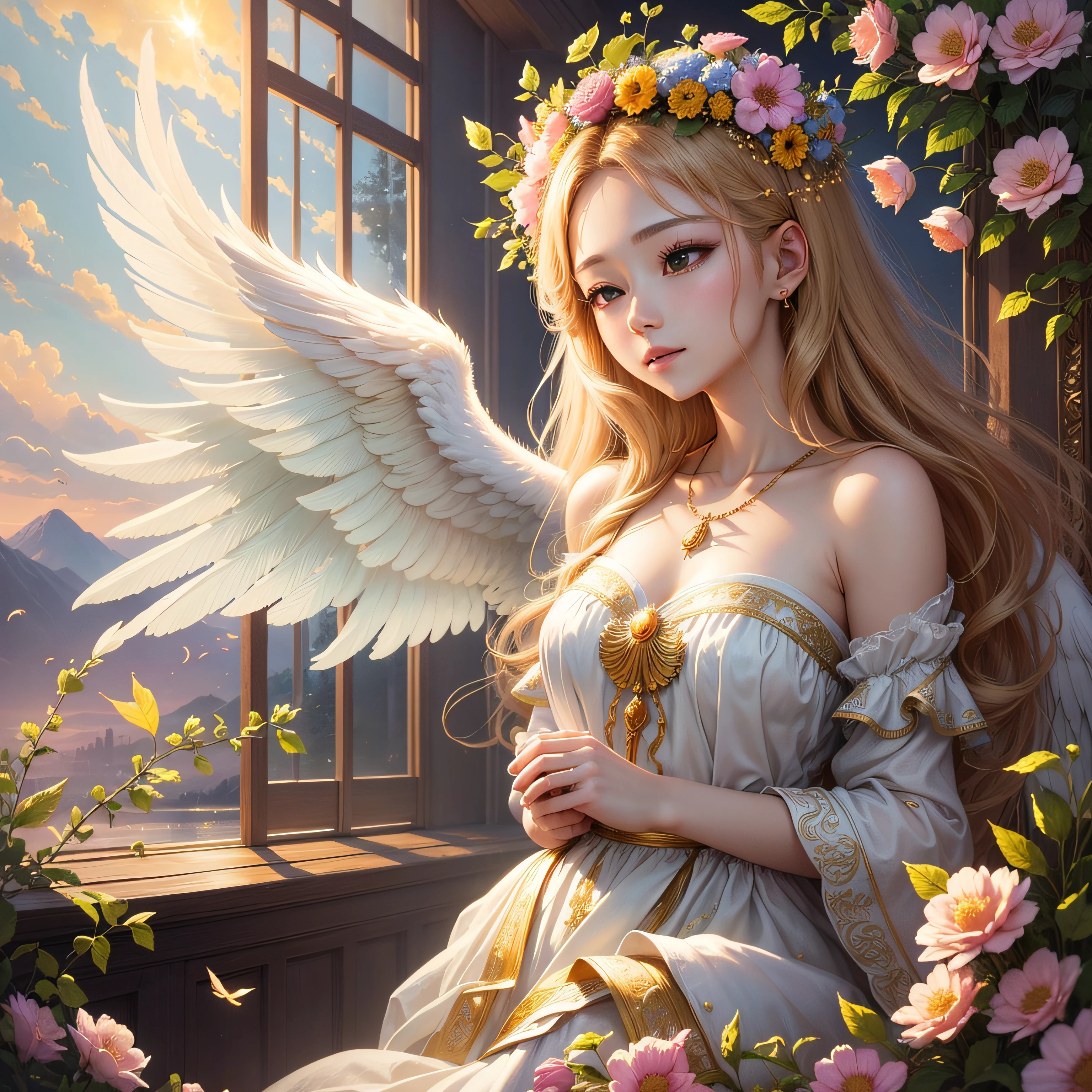 Anime girl with angel wings and flowers in her hair - SeaArt AI