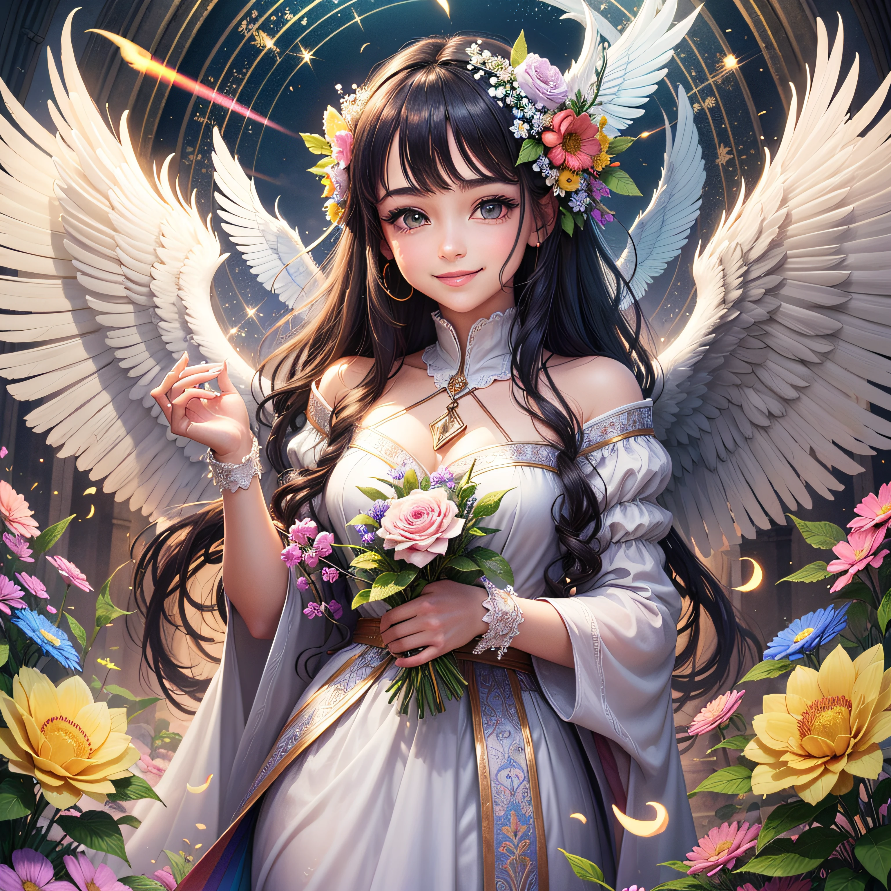 beautiful girl angel, developive, rose, smile, angel wings, beautiful dress, long skirt
