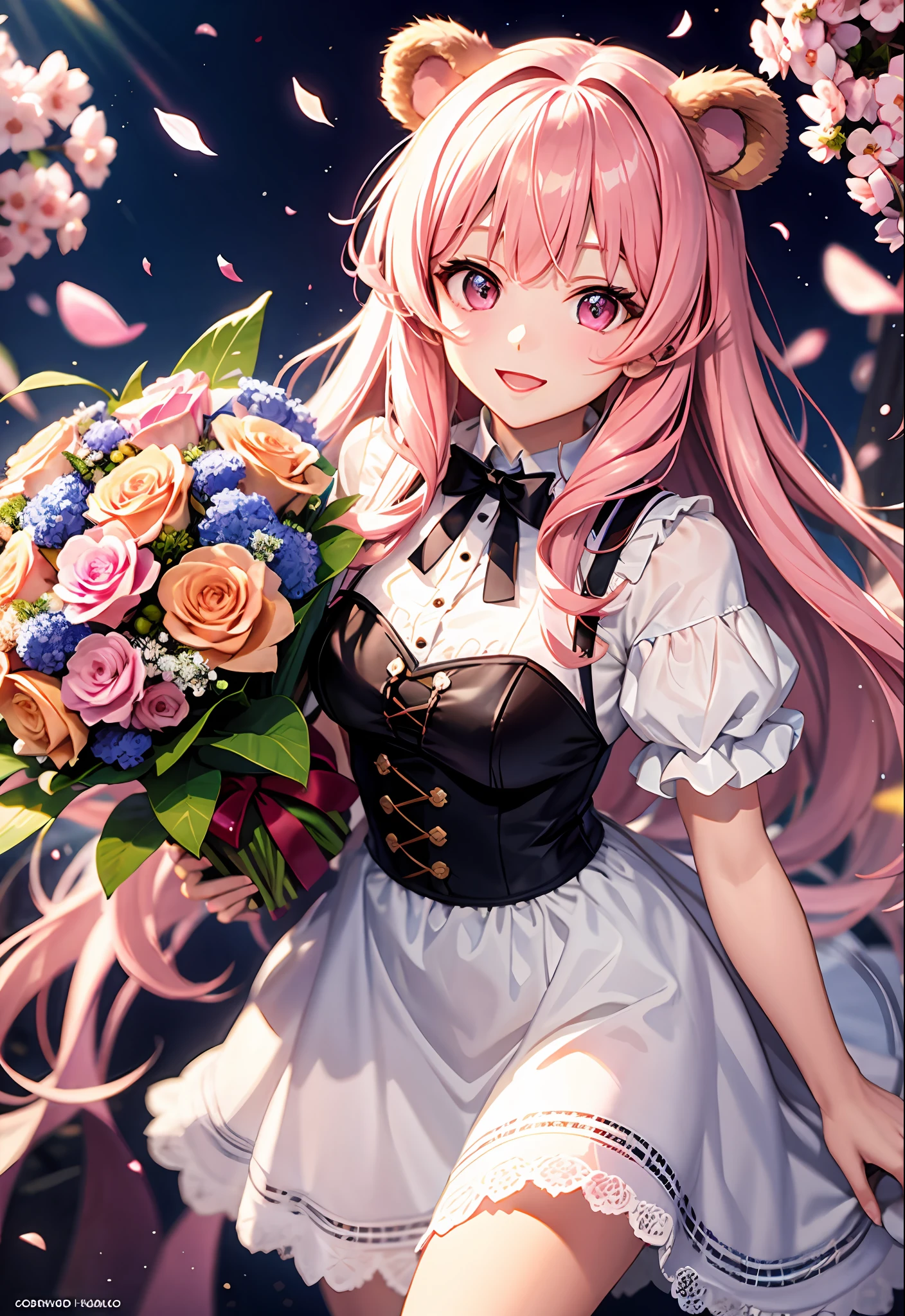 Anime Kuma Kuma Bear Bear, Bear Costume, Pink Hair, Pretty Girl, Pink Eyes, High Resolution, High Quality, Celebration, Bouquet of Flowers, Light Effects, Overhead View,