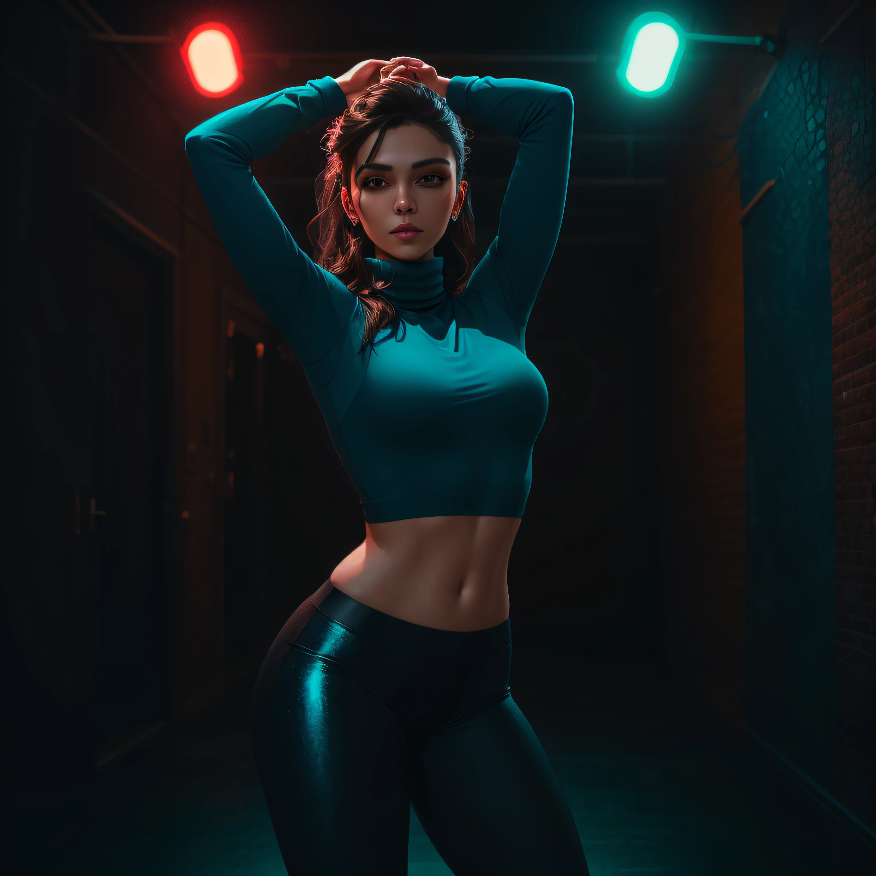 BB aroused, wearing a tight blue and gold turtleneck close-collared suit, posing with one hand behind his head and the other on his hip, in front of a white wall background with his shadow cast. Dancing with neon lights, perfect face, bright eyes, skin with intricate details, maximum quality, sweat, dancers, 8K character, beautiful woman model, maximum quality, 8k, she is dancing, background with dance floor, photorealistic, dramatic light, neon art of a female body, dynamic dance pose, girl model. --auto