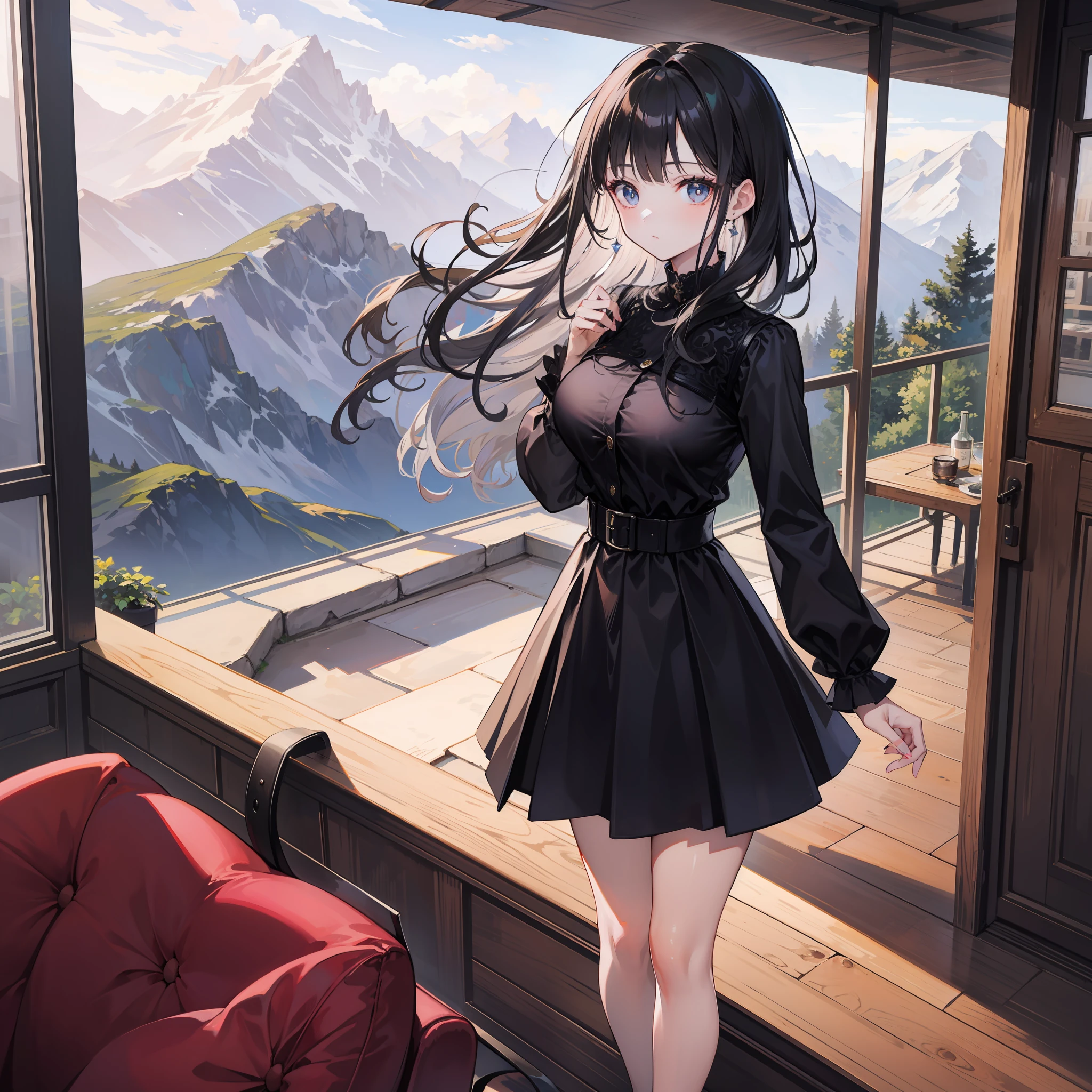 young woman watching the view on the mountaintop, in the chalet, on the terrace, black shiny hair, beautiful, big eyes, elegant, modern dress, skirt, shirt