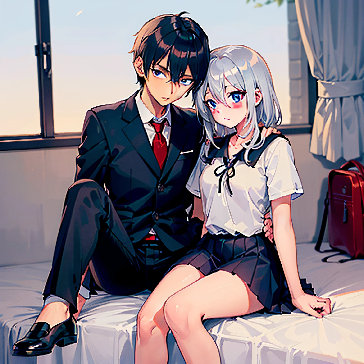 (masterpiece), (best quality), highres, ((((1girl she has gray hair with blue eyes and 1boy he has short black hair with red eyes who are classmates))))), ((((They have different hair colors and eyes do not confuse)))), (draws Kei and kiyotaka ayanokoji looking at each other), (2schoolmates who are Kei and kiyotaka ayanokoji looking at each other),  (kei1), (1girl), solo, she has blue eyes, she has long hair, (she wears a school uniform), she has ribbon, she has bangs, collarbone, she has gray hair, she has black hair band, she has neck ribbon, hair between her eyes, she has medium breasts, cowboy shot, she is looking seriously at kiyotaka ayanokoji,  anatomically correct whole body, is inside a school room, is sitting on a bed with her legs together, full detallado scenary, (1boy), (kiyotaka ayanokoji), 15 year old teenager, school uniform white shirt black jacket open jacket red tie long black pants sitting, he has red eyes, he has short black hair, whole body anatomically correct,  he has a jesus necklace around his neck, normal legs, wears black shoes, (he's looking at Kei1 or the girl), he's sitting in a chair, he's facing Kei, (full detail escenario)